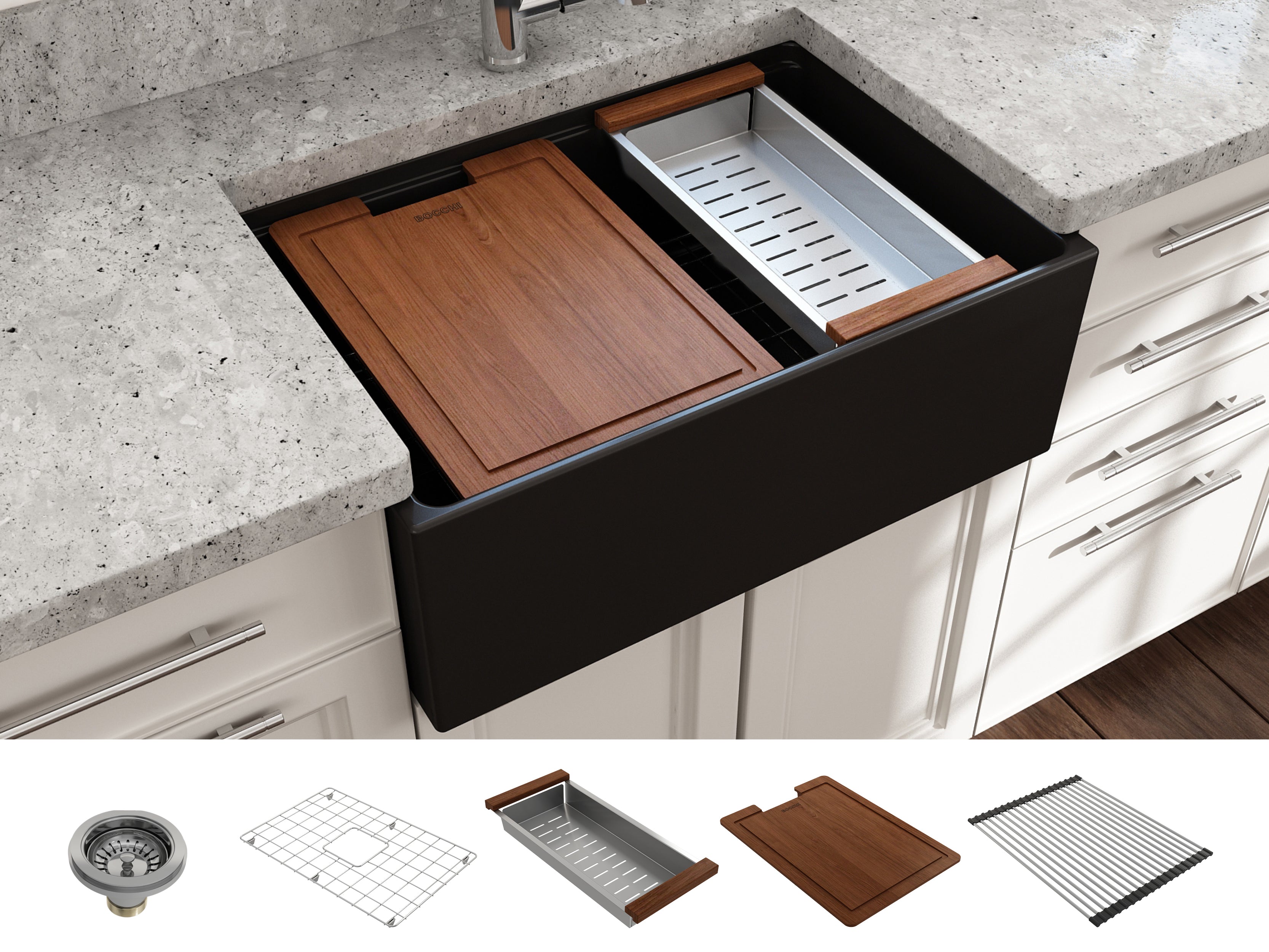 Contempo Step-Rim Apron Front Fireclay 27 in. Single Bowl Kitchen Sink with Integrated Work Station & Accessories 1628