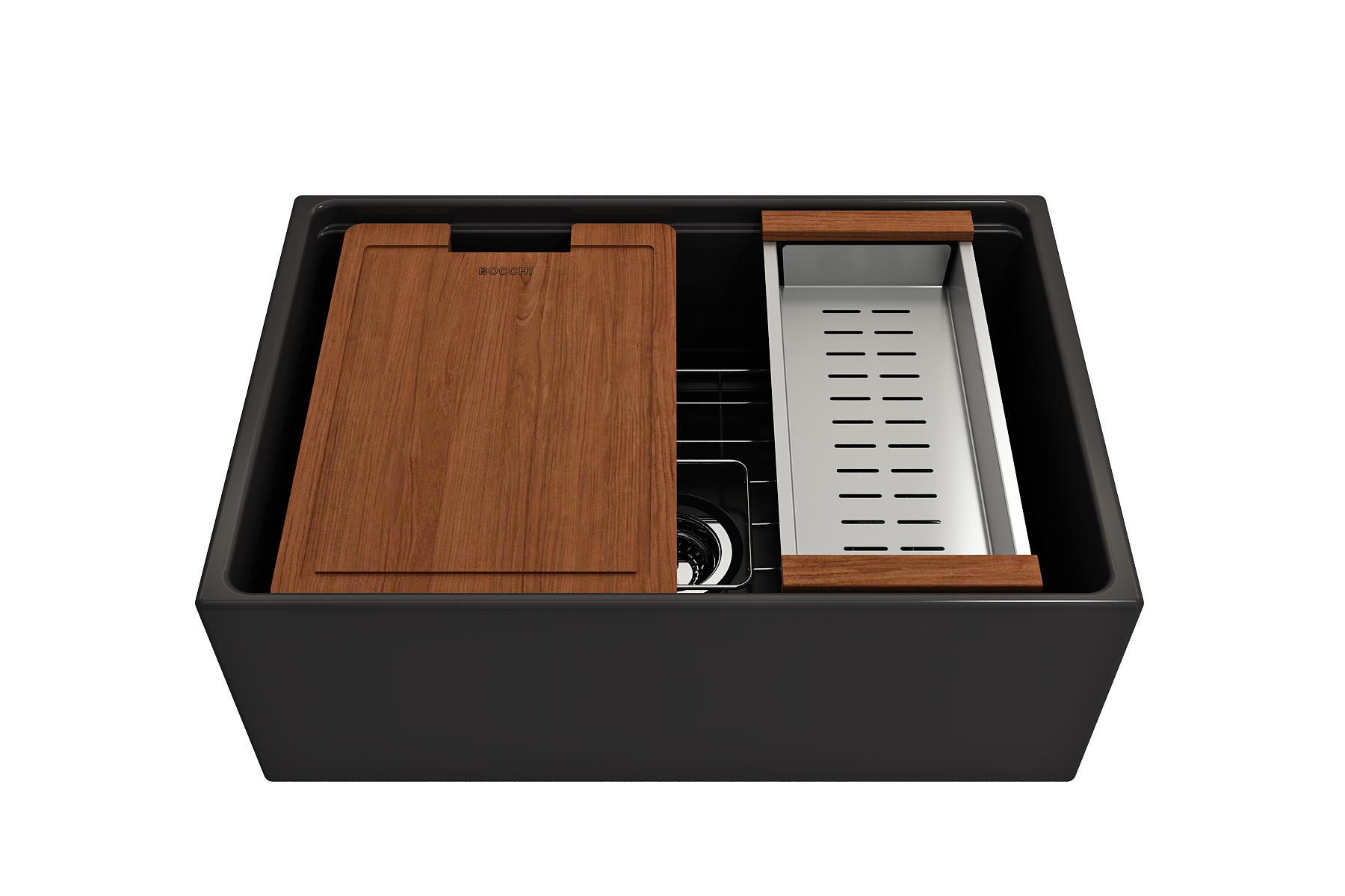 Contempo Step-Rim Apron Front Fireclay 27 in. Single Bowl Kitchen Sink with Integrated Work Station & Accessories 1628