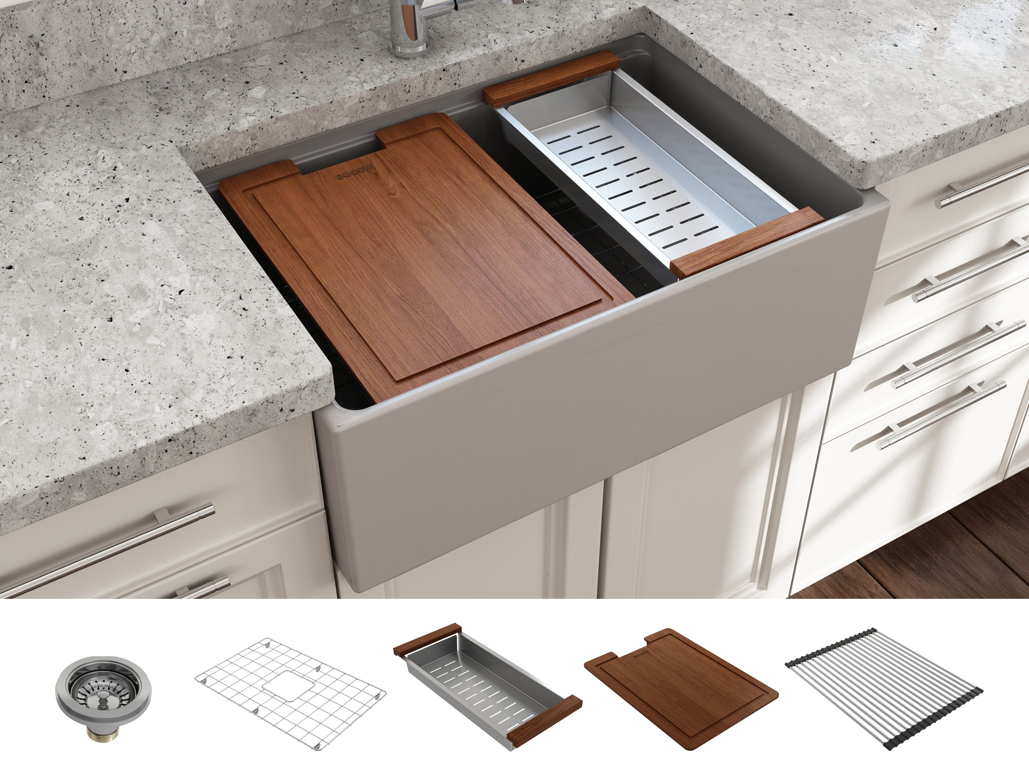 Contempo Step-Rim Apron Front Fireclay 27 in. Single Bowl Kitchen Sink with Integrated Work Station & Accessories 1628