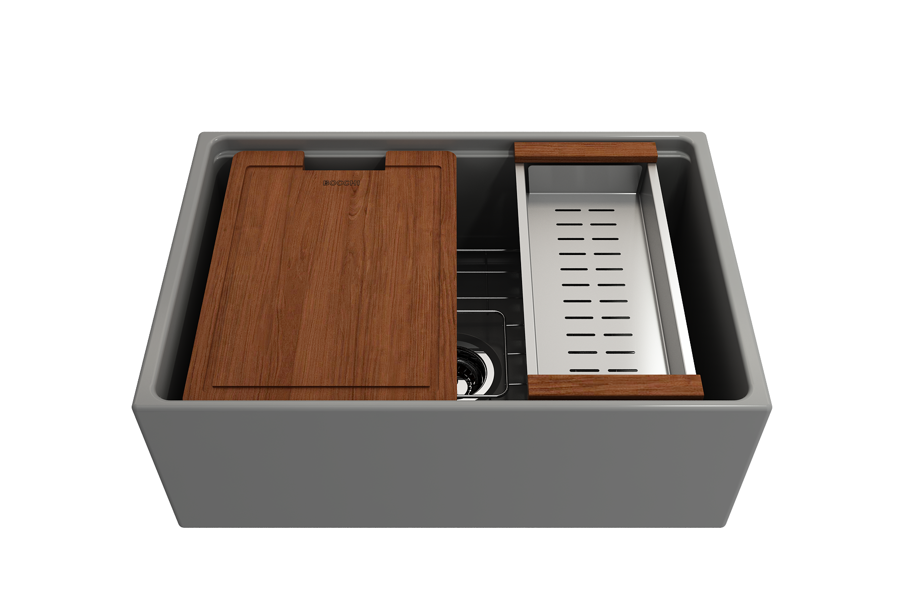 Contempo Step-Rim Apron Front Fireclay 27 in. Single Bowl Kitchen Sink with Integrated Work Station & Accessories 1628