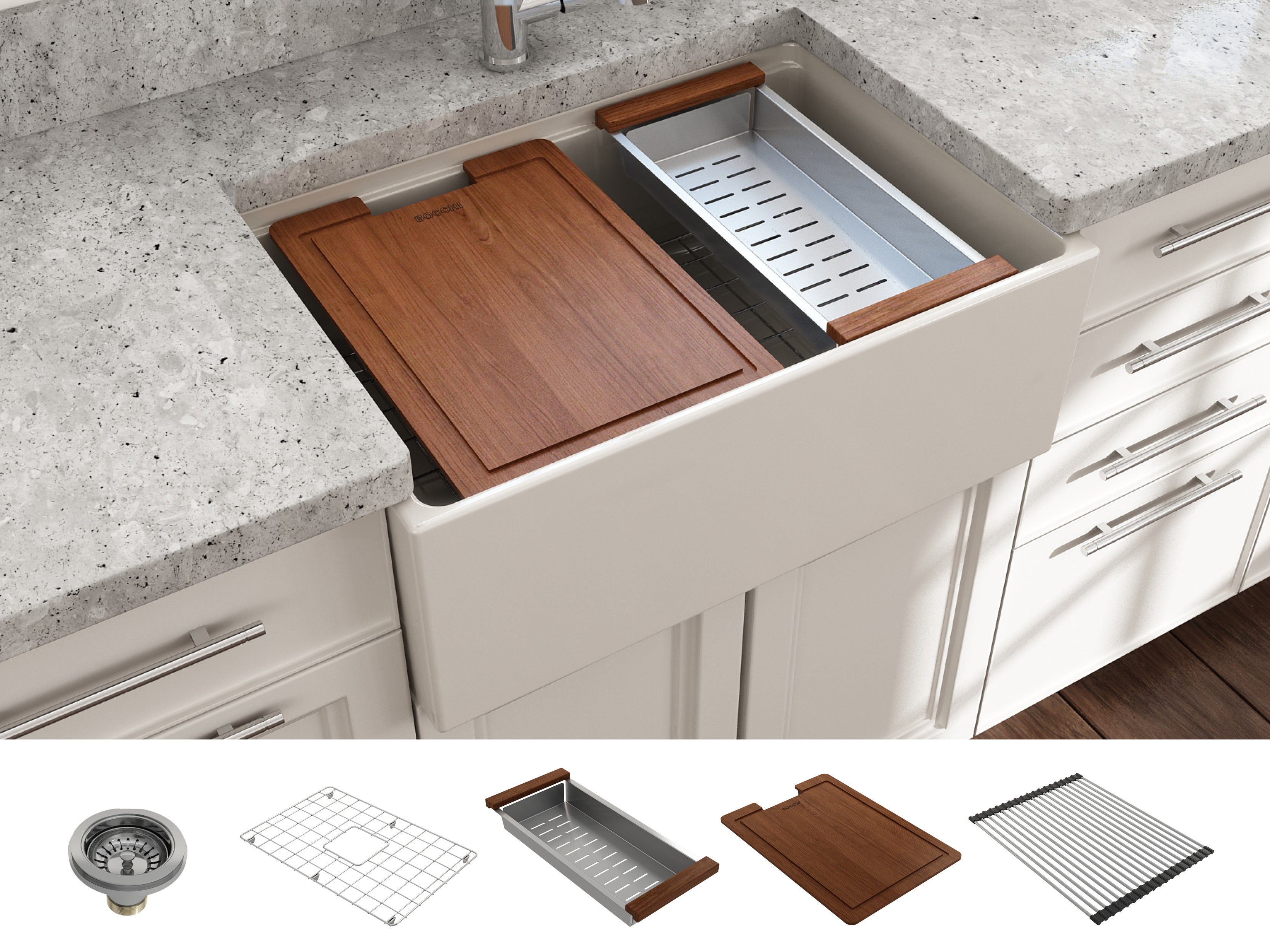 Contempo Step-Rim Apron Front Fireclay 27 in. Single Bowl Kitchen Sink with Integrated Work Station & Accessories 1628