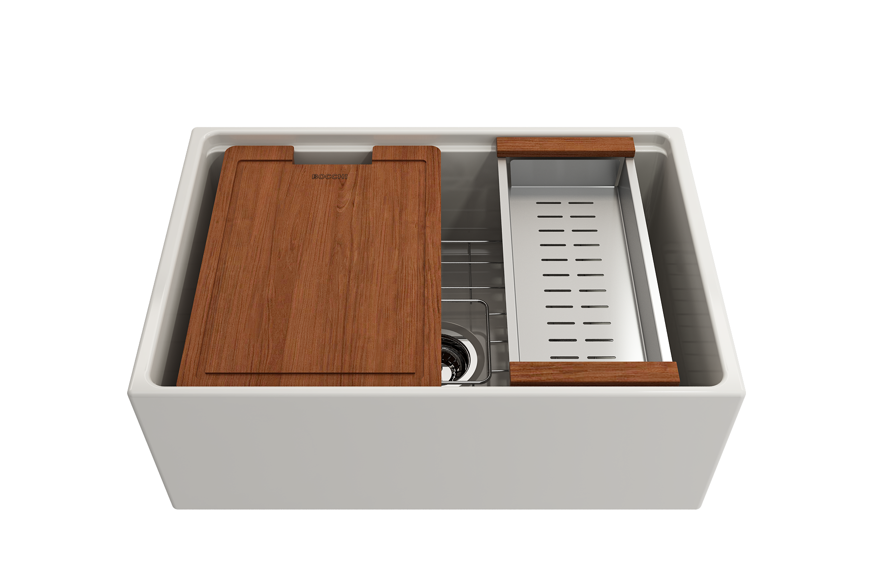 Contempo Step-Rim Apron Front Fireclay 27 in. Single Bowl Kitchen Sink with Integrated Work Station & Accessories 1628