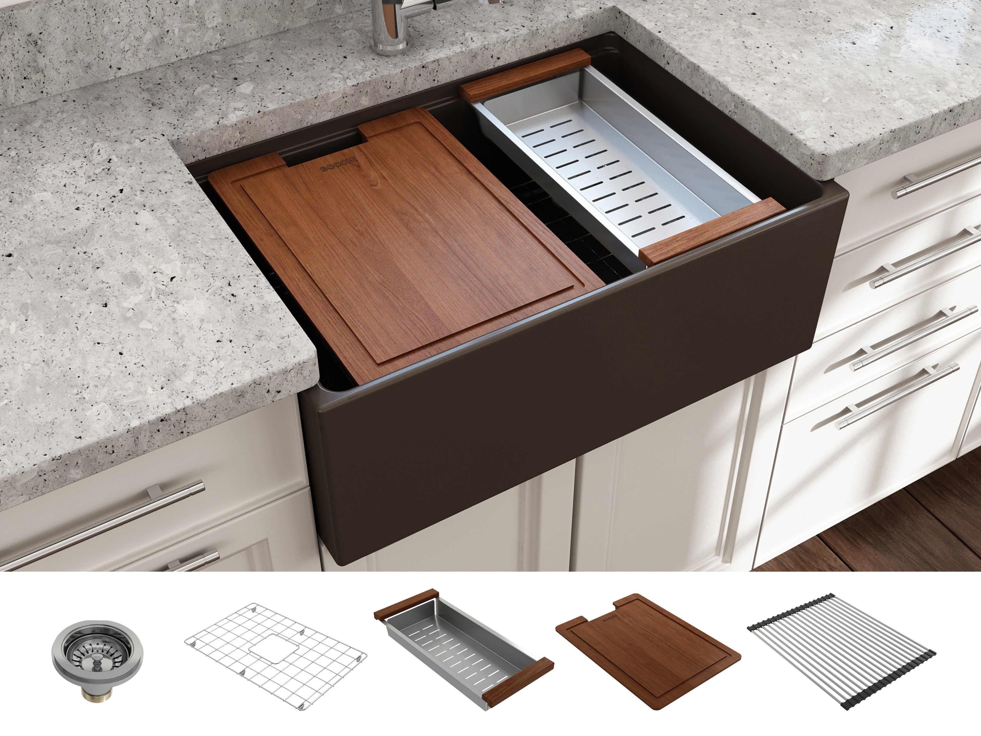 Contempo Step-Rim Apron Front Fireclay 27 in. Single Bowl Kitchen Sink with Integrated Work Station & Accessories 1628