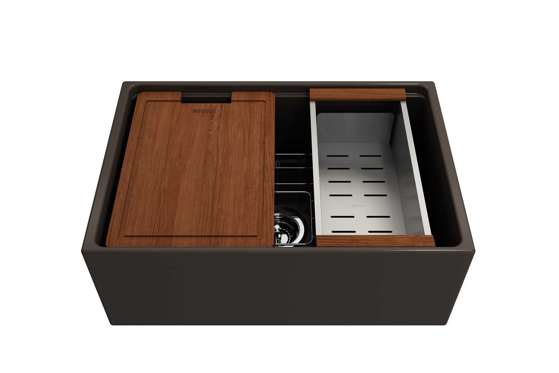 Contempo Step-Rim Apron Front Fireclay 27 in. Single Bowl Kitchen Sink with Integrated Work Station & Accessories 1628