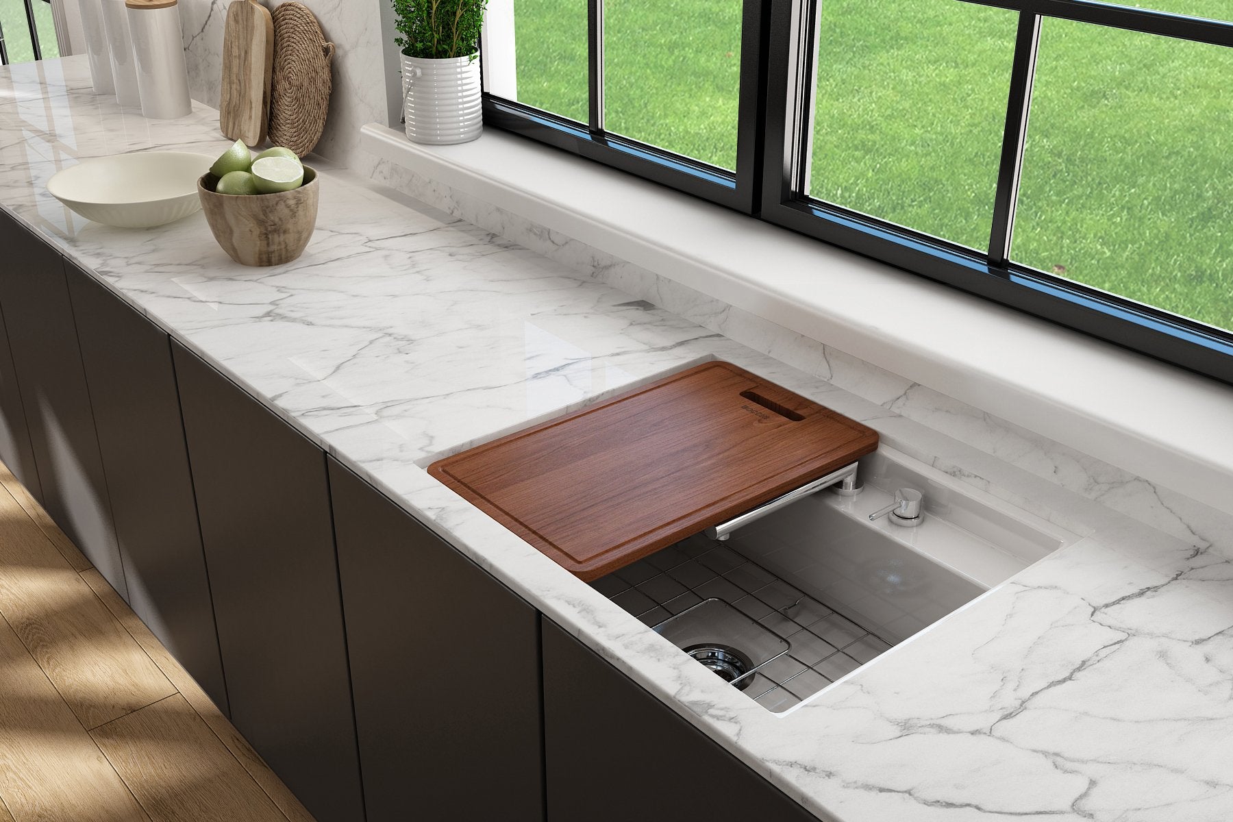 Baveno Hide-Away Workstation Fireclay 27 in. Single Bowl Kitchen Sink 3-hole with Accessories 1633
