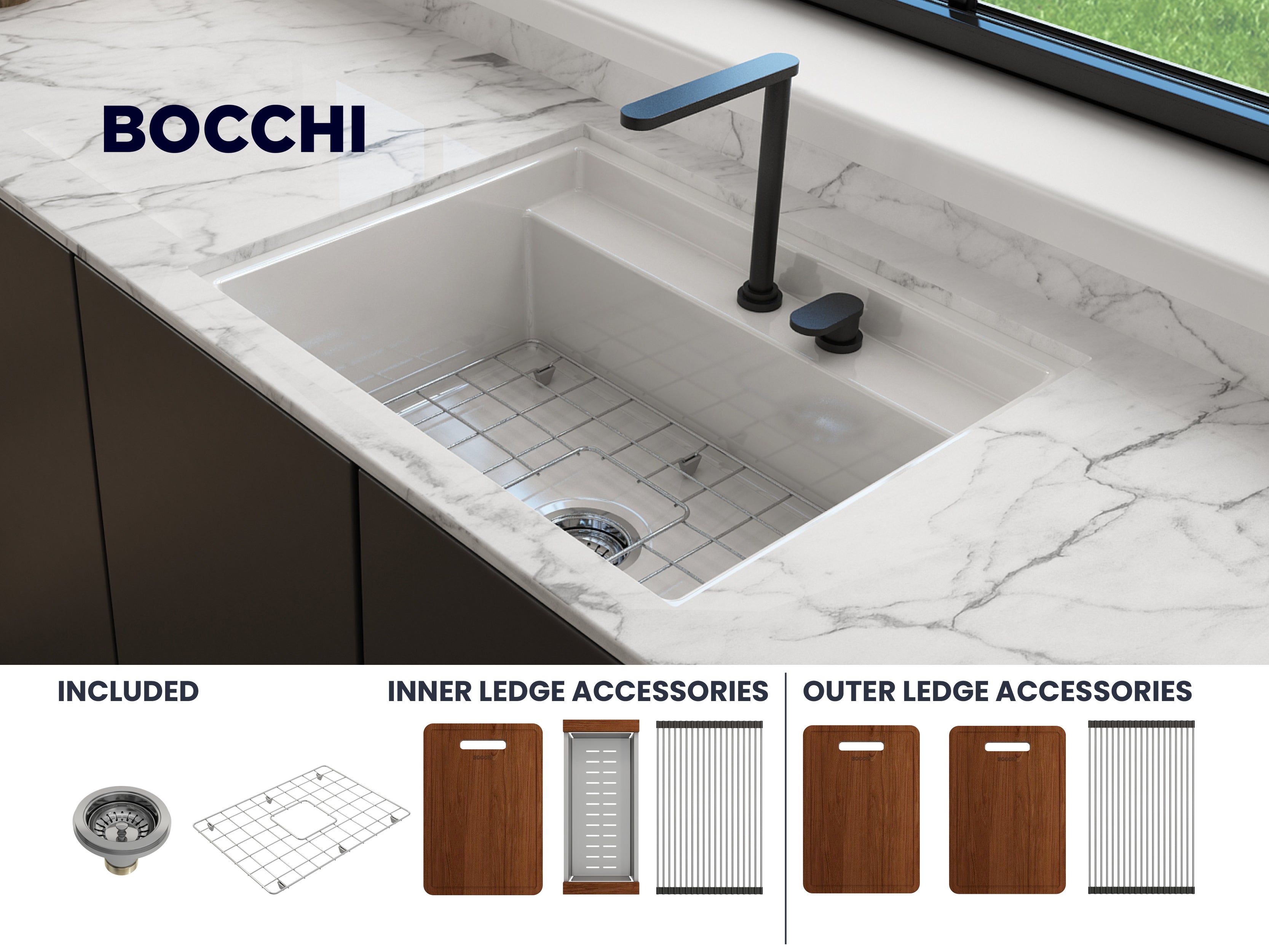 Baveno Hide-Away Workstation Fireclay 27 in. Single Bowl Kitchen Sink 3-hole with Accessories 1633
