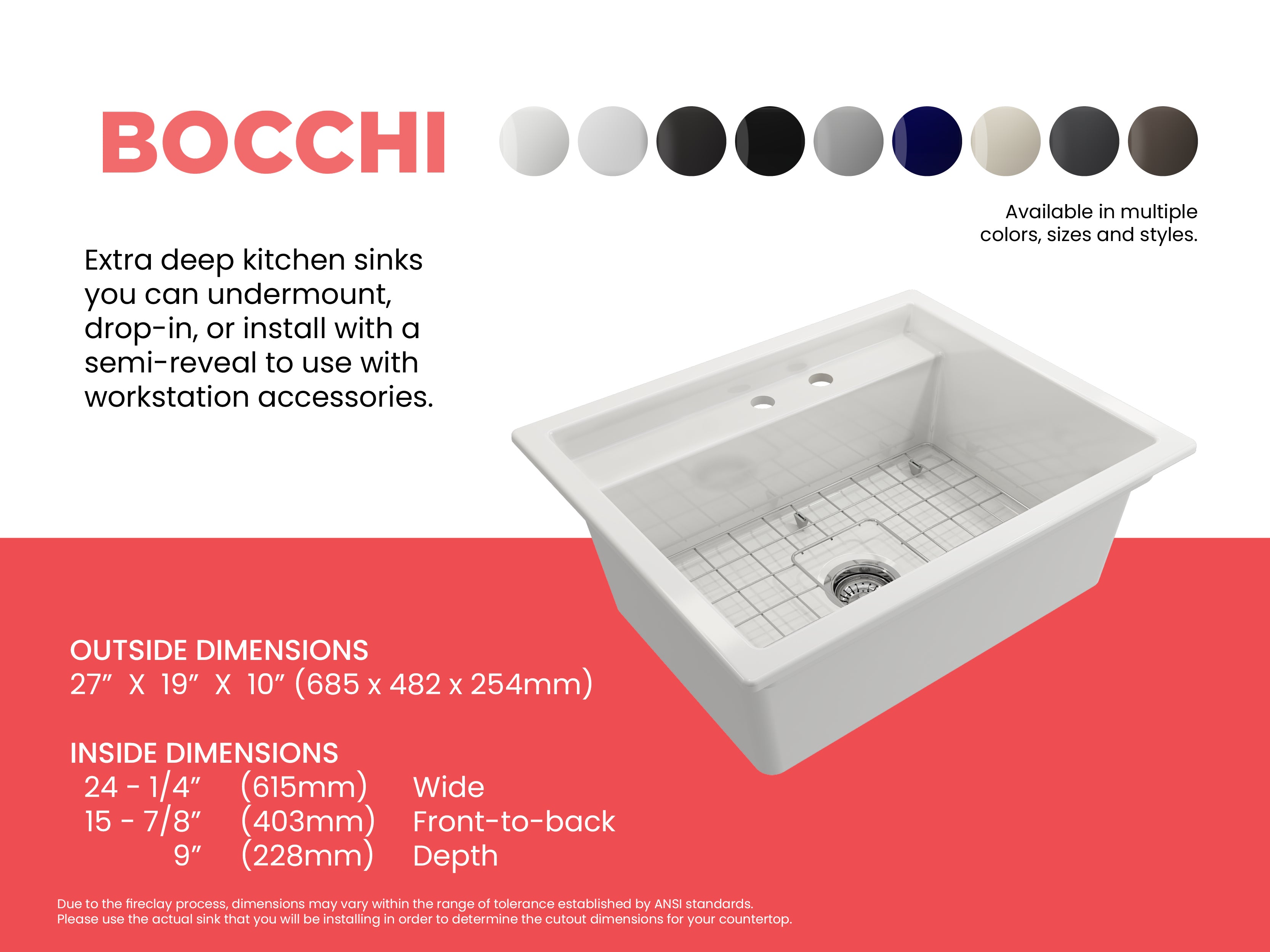 Baveno Hide-Away Workstation Fireclay 27 in. Single Bowl Kitchen Sink 3-hole with Accessories 1633