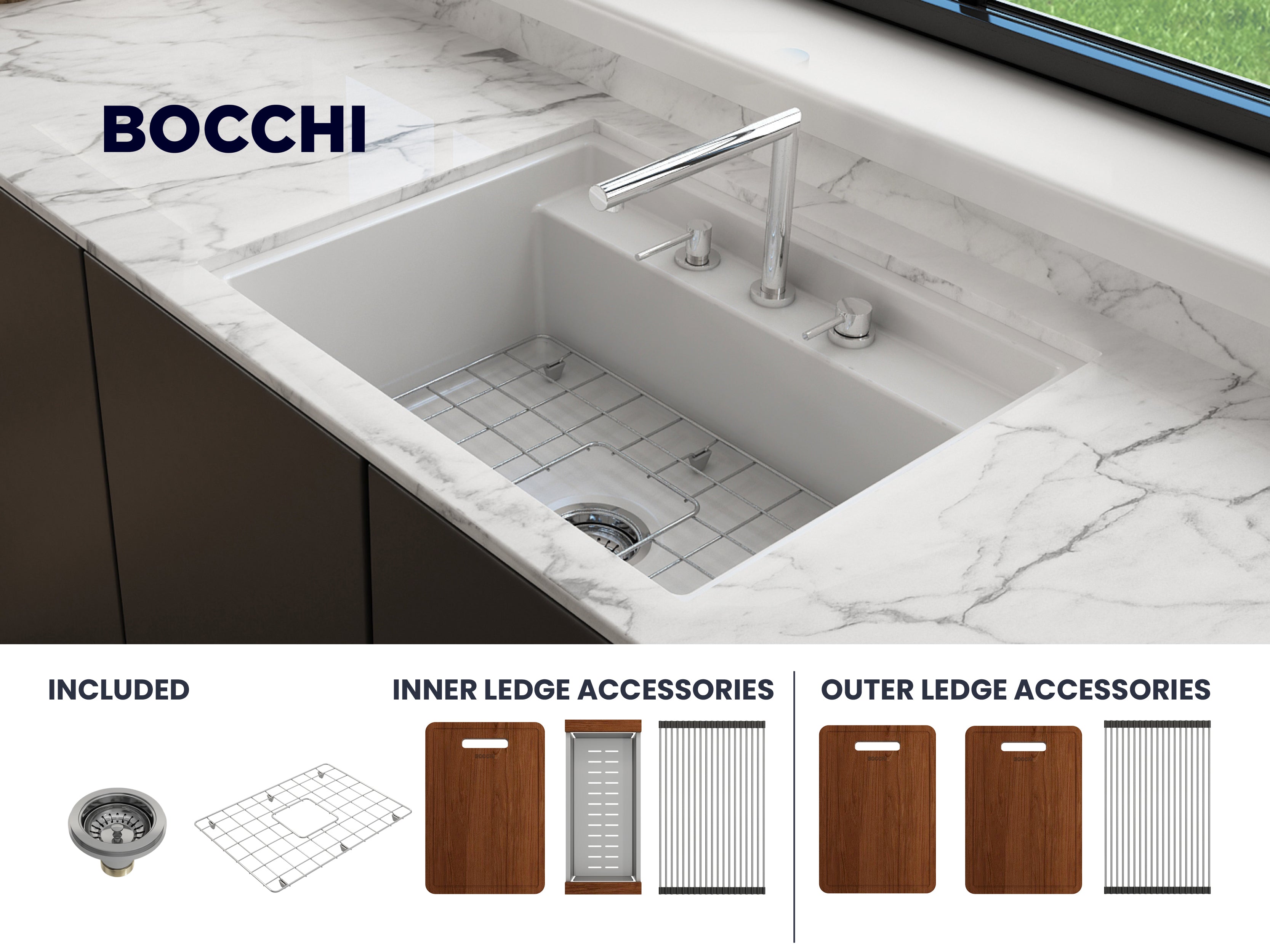 Baveno Hide-Away Workstation Fireclay 27 in. Single Bowl Kitchen Sink 3-hole with Accessories 1633