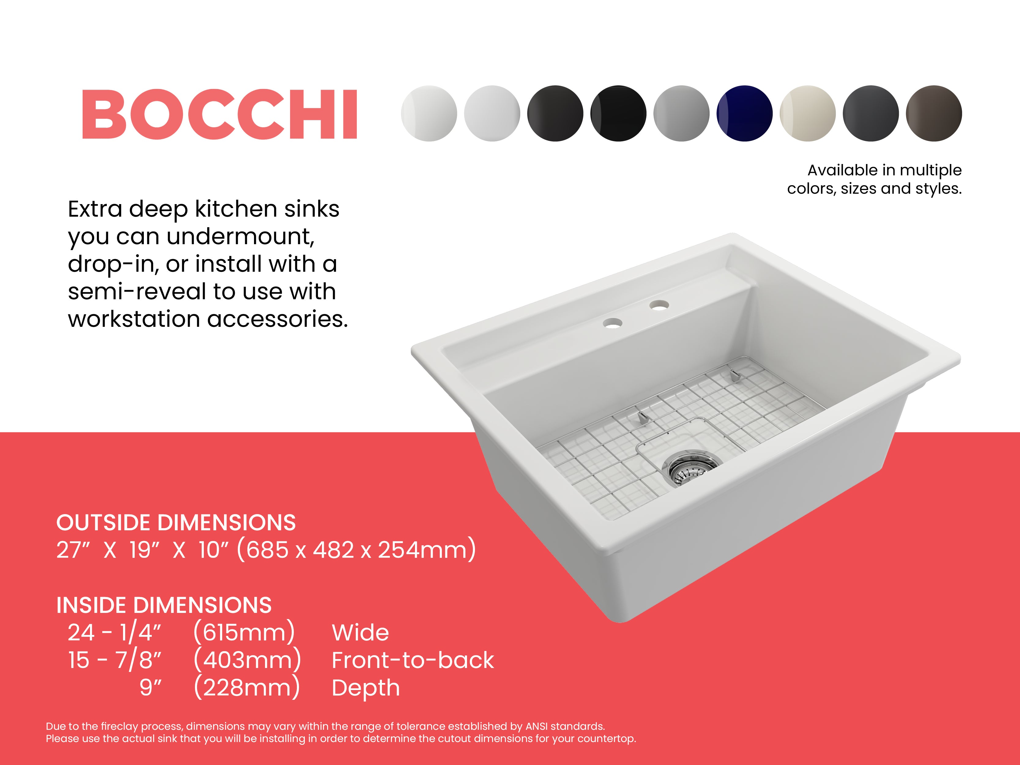 Baveno Hide-Away Workstation Fireclay 27 in. Single Bowl Kitchen Sink 3-hole with Accessories 1633