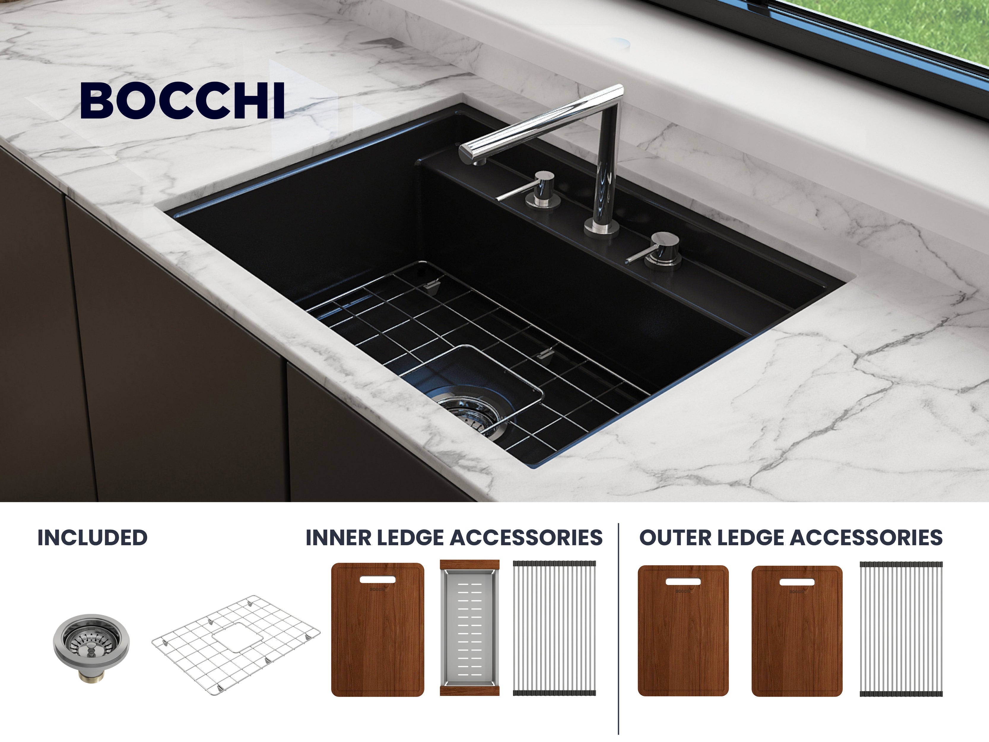 Baveno Hide-Away Workstation Fireclay 27 in. Single Bowl Kitchen Sink 3-hole with Accessories 1633