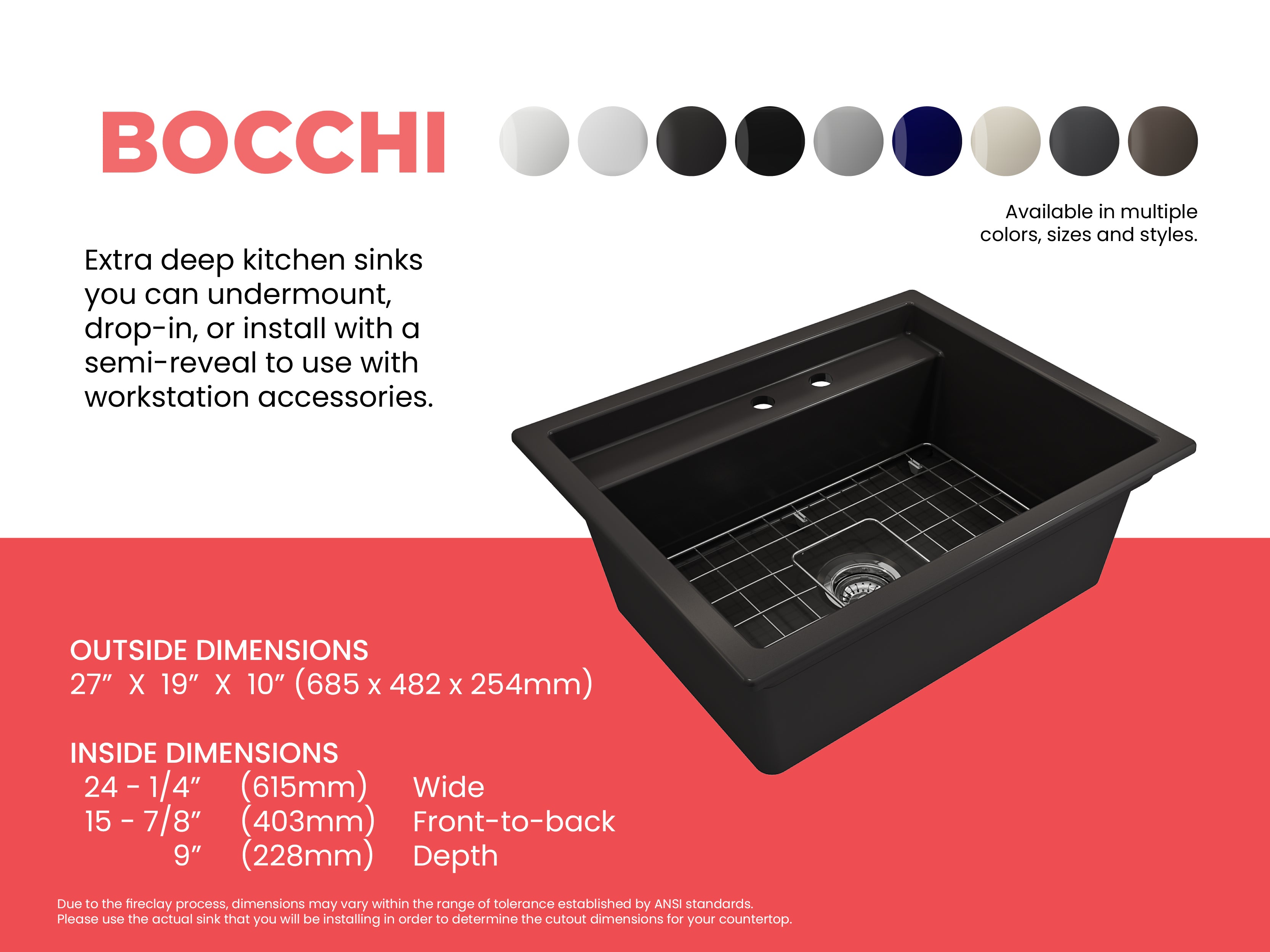 Baveno Hide-Away Workstation Fireclay 27 in. Single Bowl Kitchen Sink 3-hole with Accessories 1633