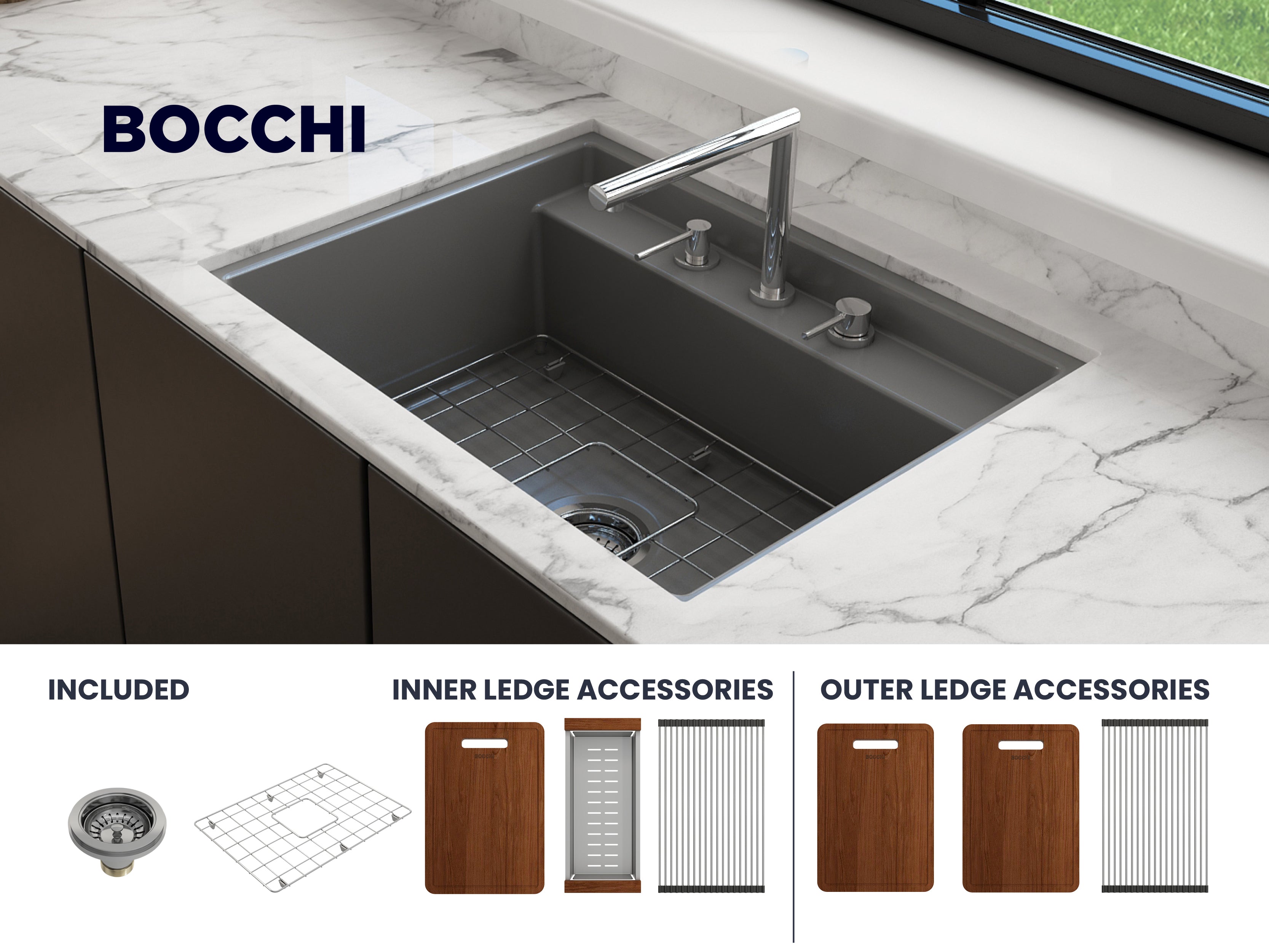 Baveno Hide-Away Workstation Fireclay 27 in. Single Bowl Kitchen Sink 3-hole with Accessories 1633