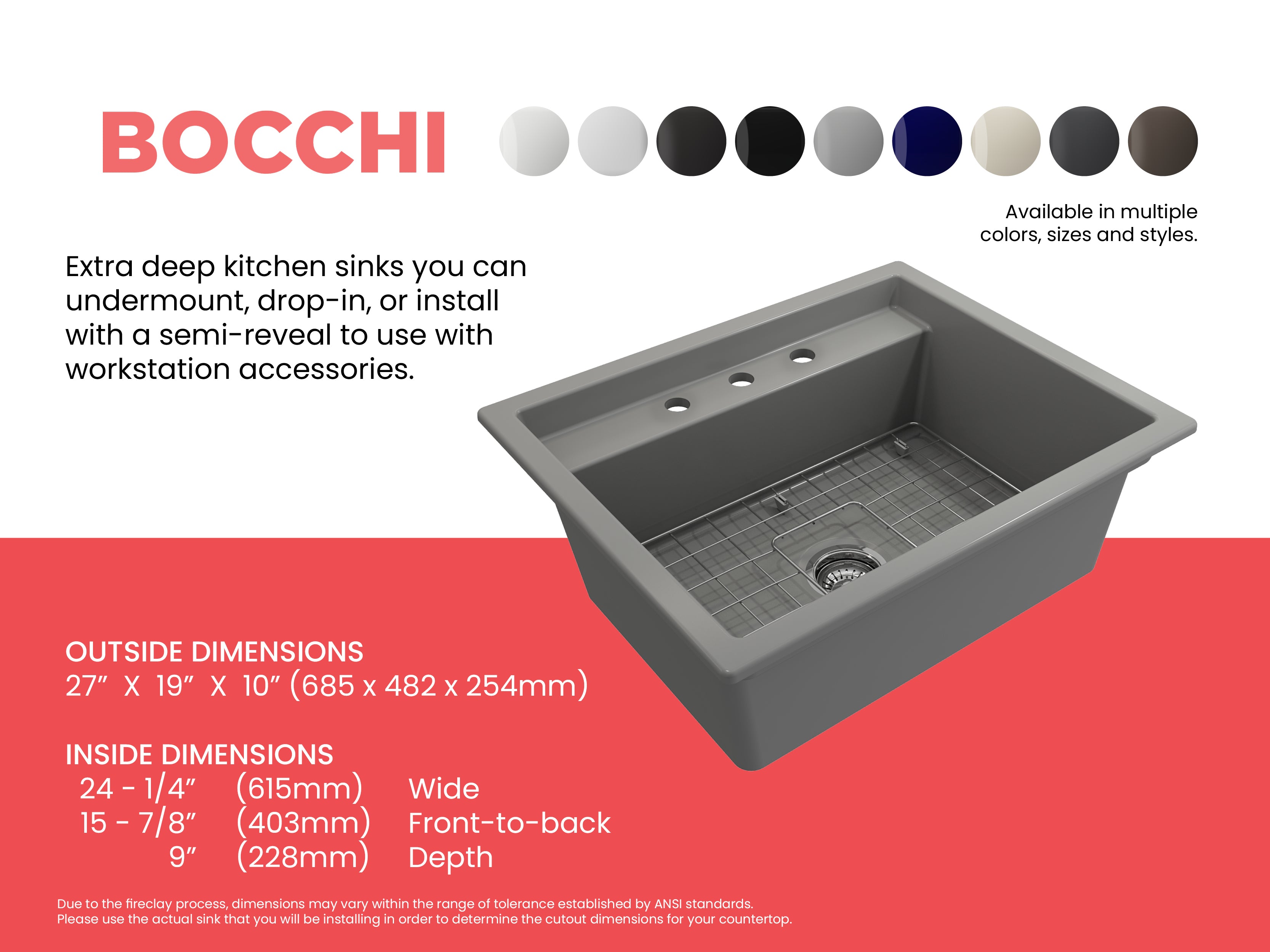 Baveno Hide-Away Workstation Fireclay 27 in. Single Bowl Kitchen Sink 3-hole with Accessories 1633