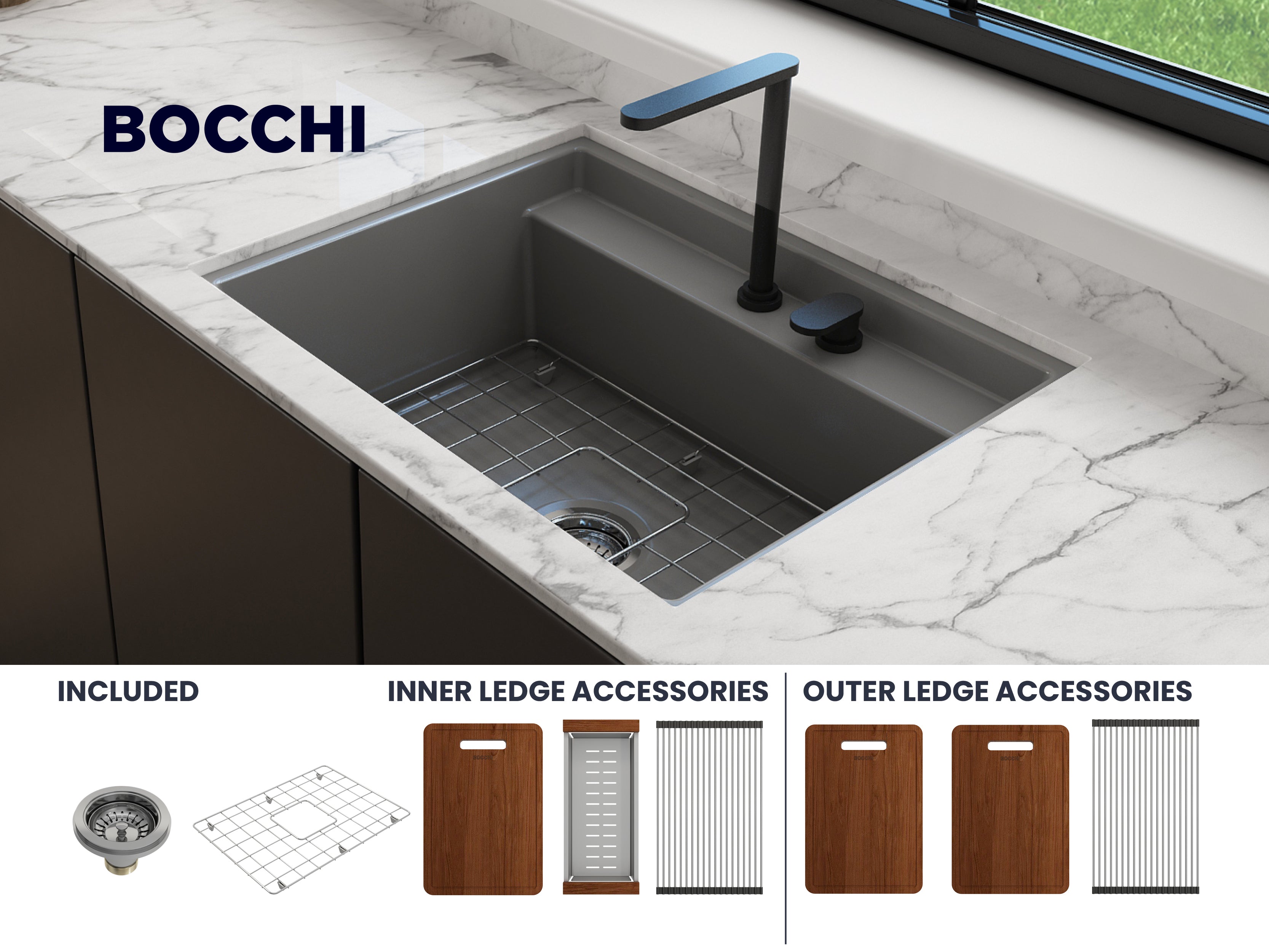 Baveno Hide-Away Workstation Fireclay 27 in. Single Bowl Kitchen Sink 3-hole with Accessories 1633