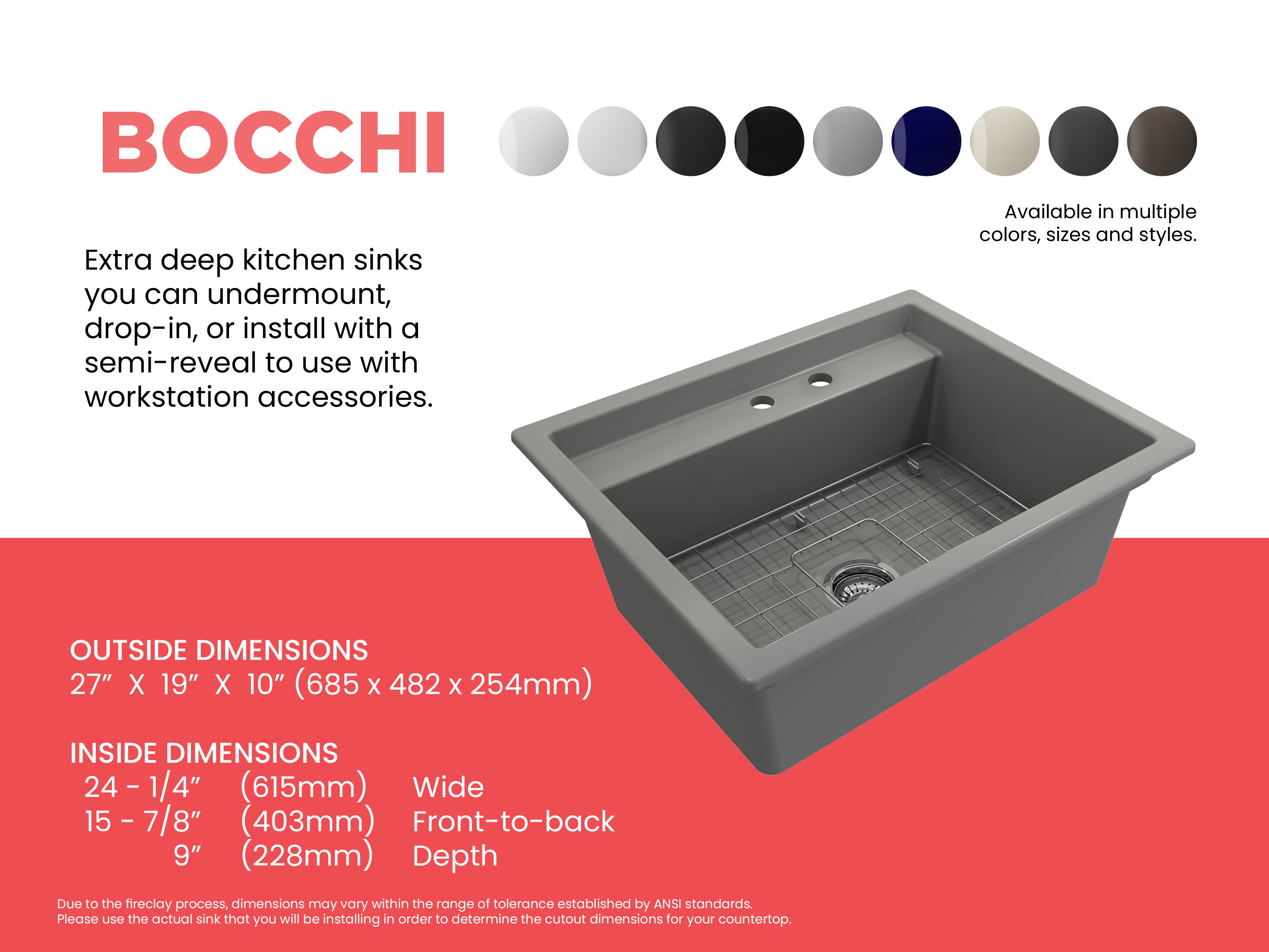 Baveno Hide-Away Workstation Fireclay 27 in. Single Bowl Kitchen Sink 3-hole with Accessories 1633