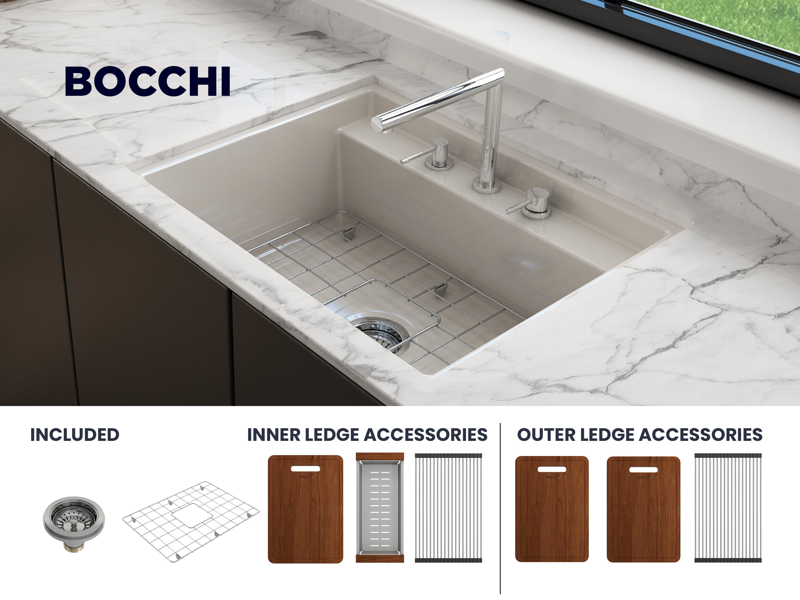 Baveno Hide-Away Workstation Fireclay 27 in. Single Bowl Kitchen Sink 3-hole with Accessories 1633