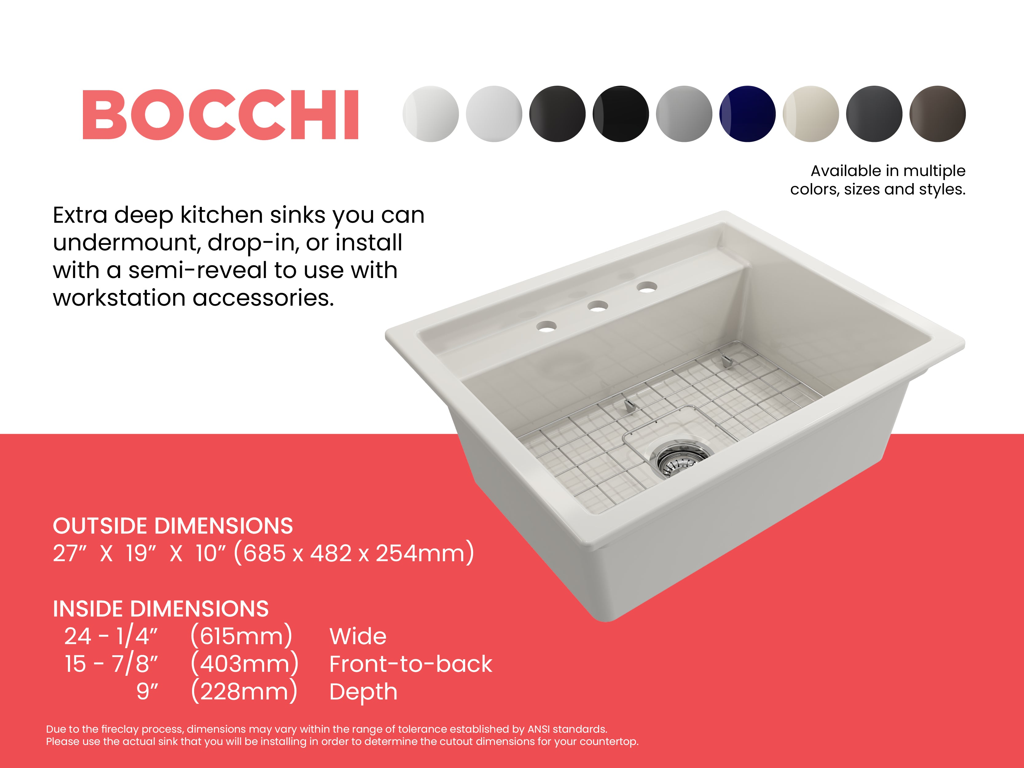 Baveno Hide-Away Workstation Fireclay 27 in. Single Bowl Kitchen Sink 3-hole with Accessories 1633