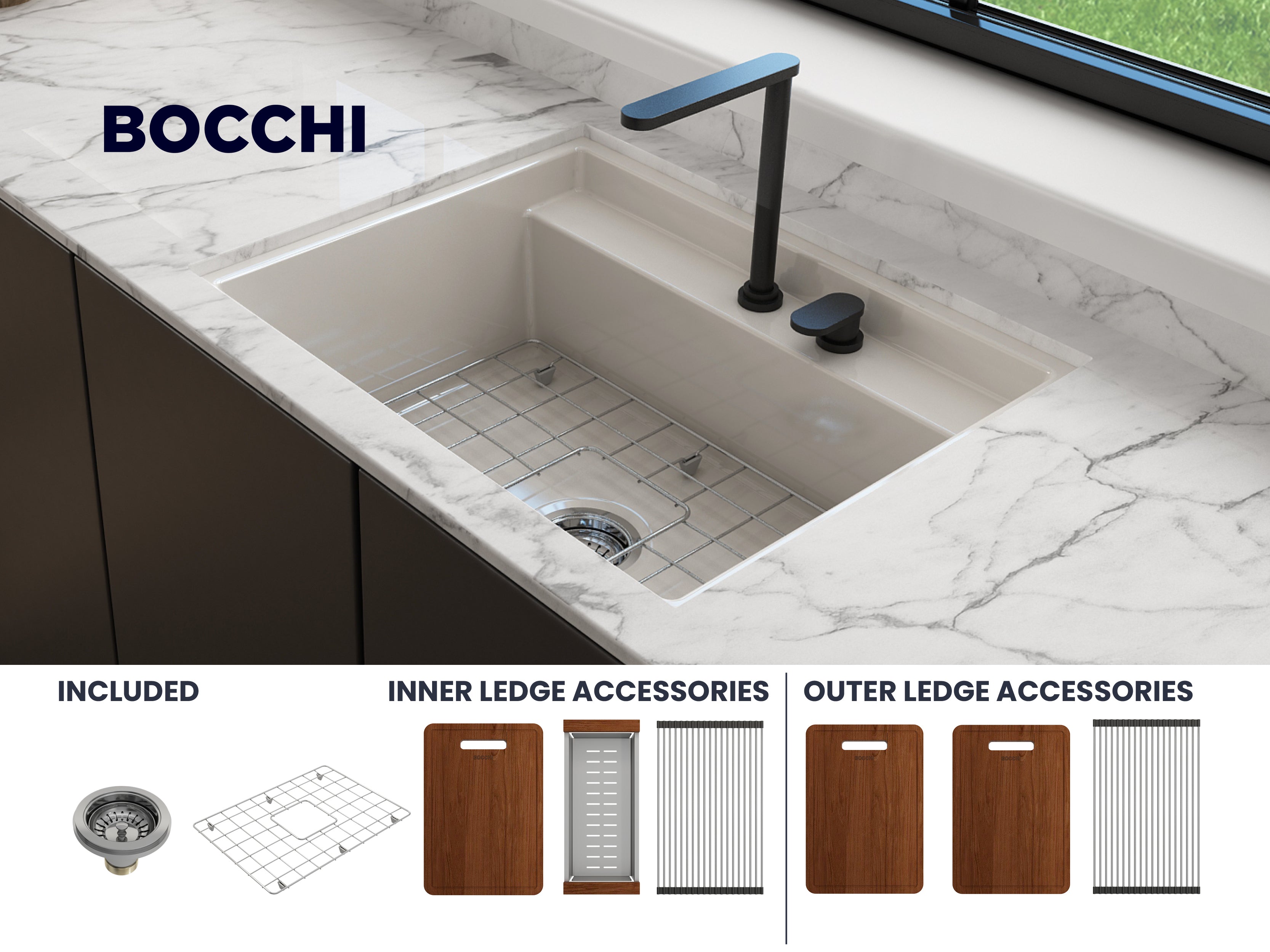 Baveno Hide-Away Workstation Fireclay 27 in. Single Bowl Kitchen Sink 3-hole with Accessories 1633
