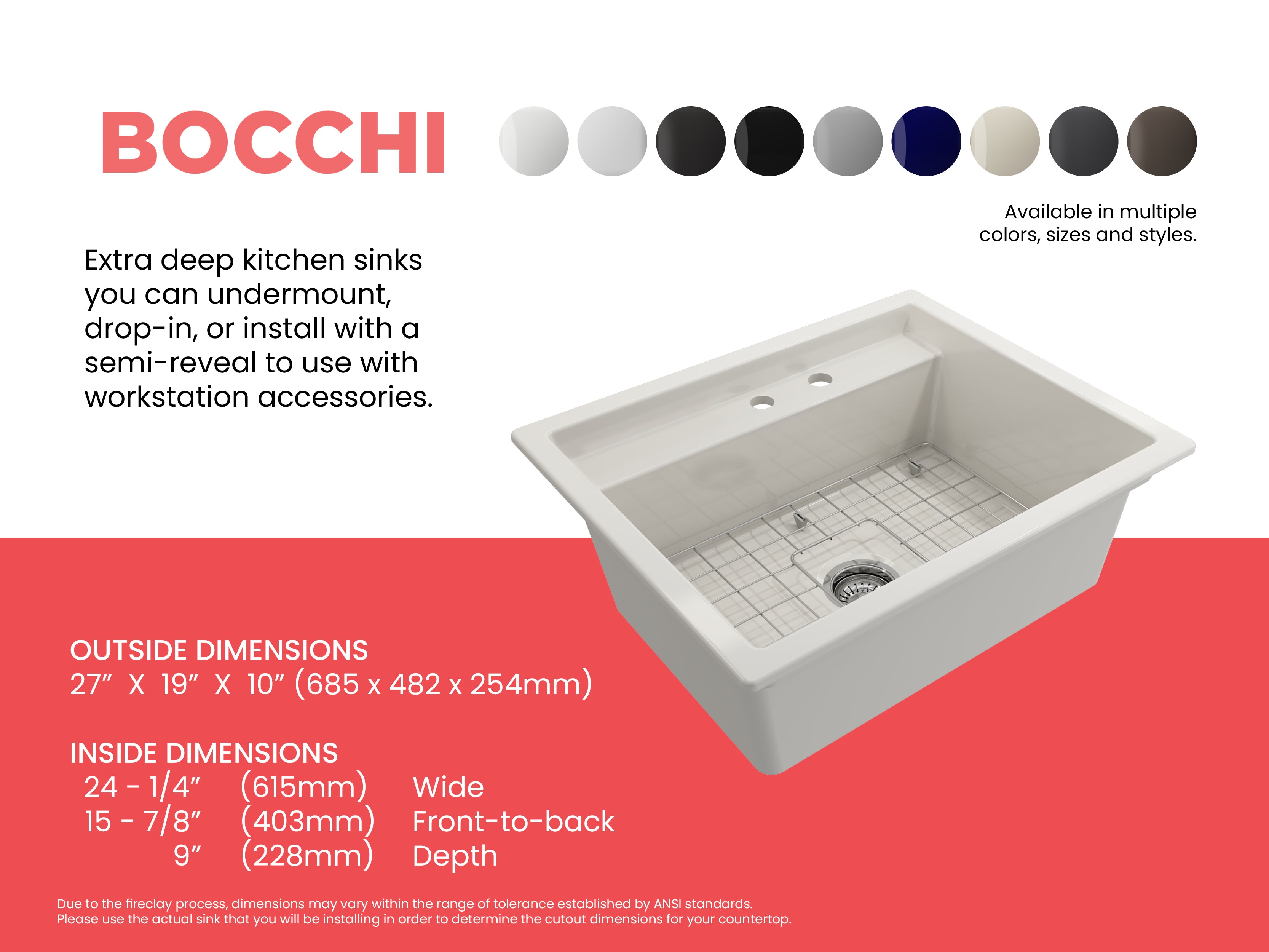 Baveno Hide-Away Workstation Fireclay 27 in. Single Bowl Kitchen Sink 3-hole with Accessories 1633