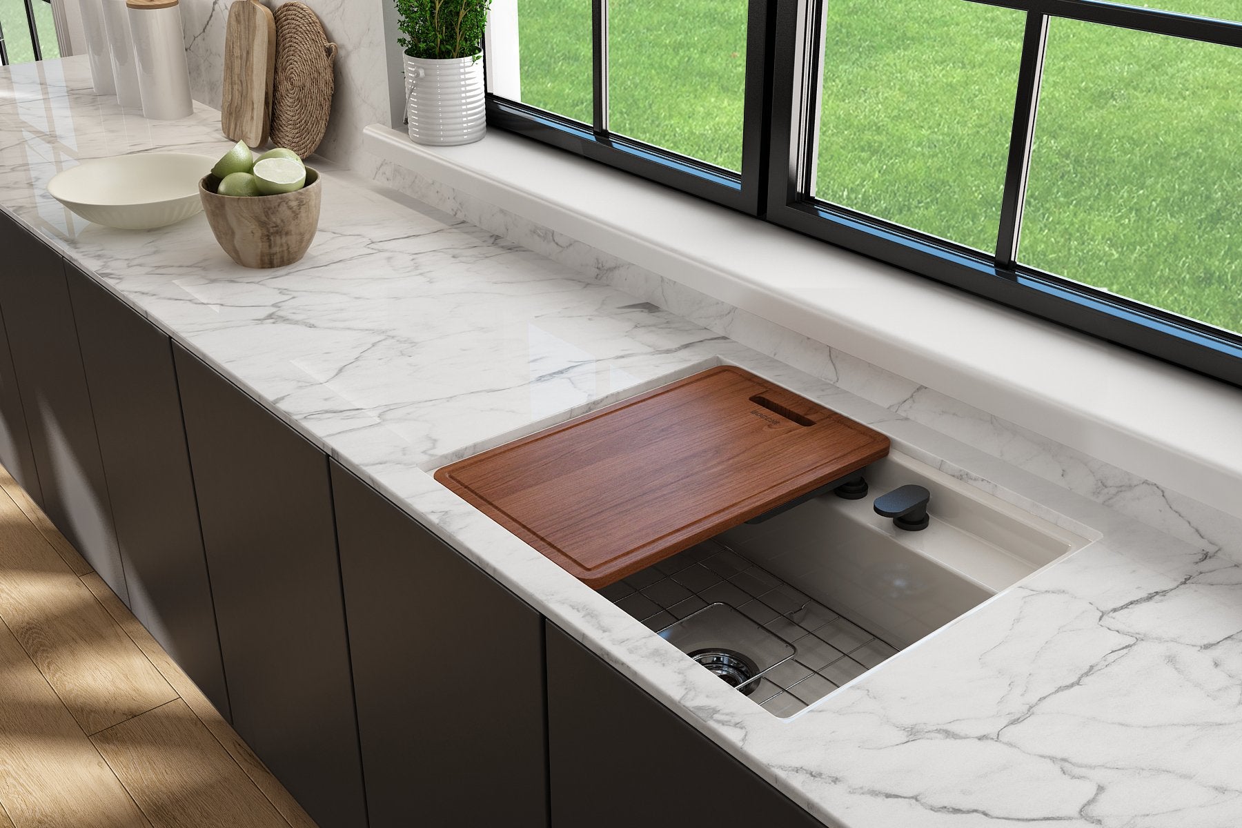Baveno Hide-Away Workstation Fireclay 27 in. Single Bowl Kitchen Sink 3-hole with Accessories 1633