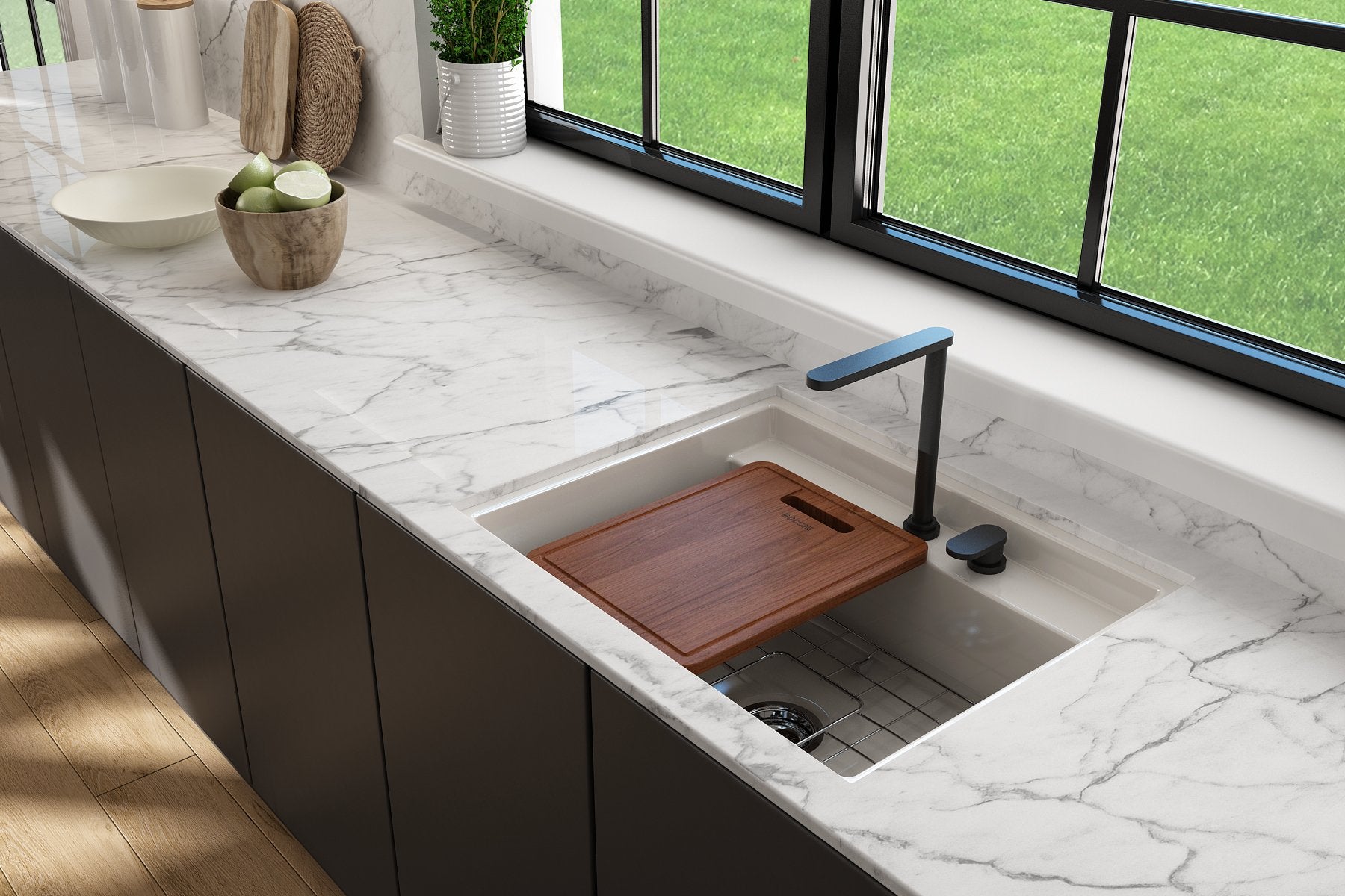 Baveno Hide-Away Workstation Fireclay 27 in. Single Bowl Kitchen Sink 3-hole with Accessories 1633