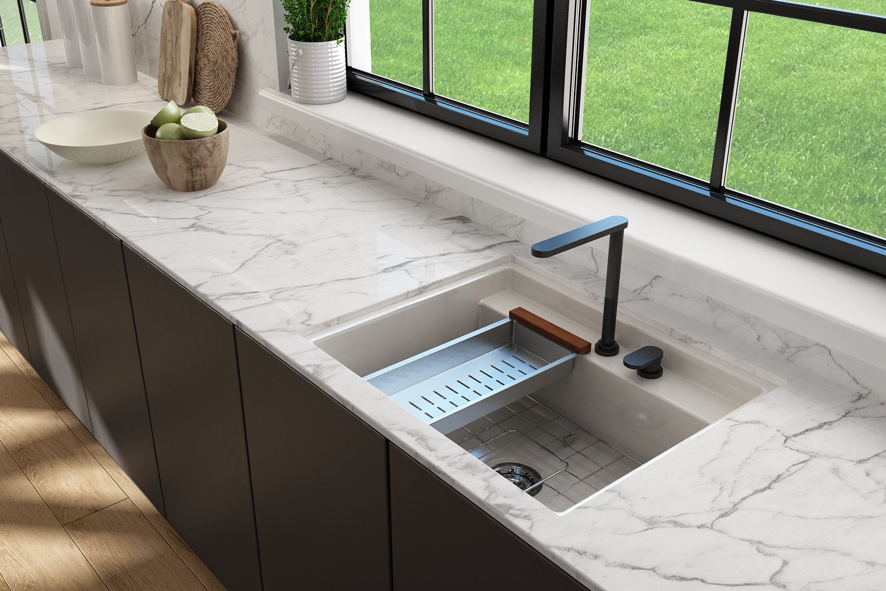 Baveno Hide-Away Workstation Fireclay 27 in. Single Bowl Kitchen Sink 3-hole with Accessories 1633