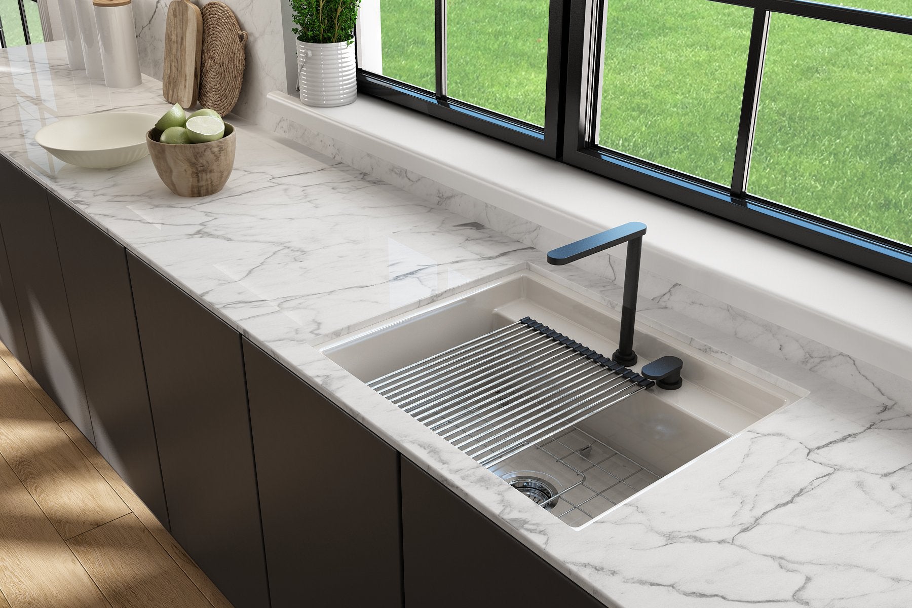 Baveno Hide-Away Workstation Fireclay 27 in. Single Bowl Kitchen Sink 3-hole with Accessories 1633