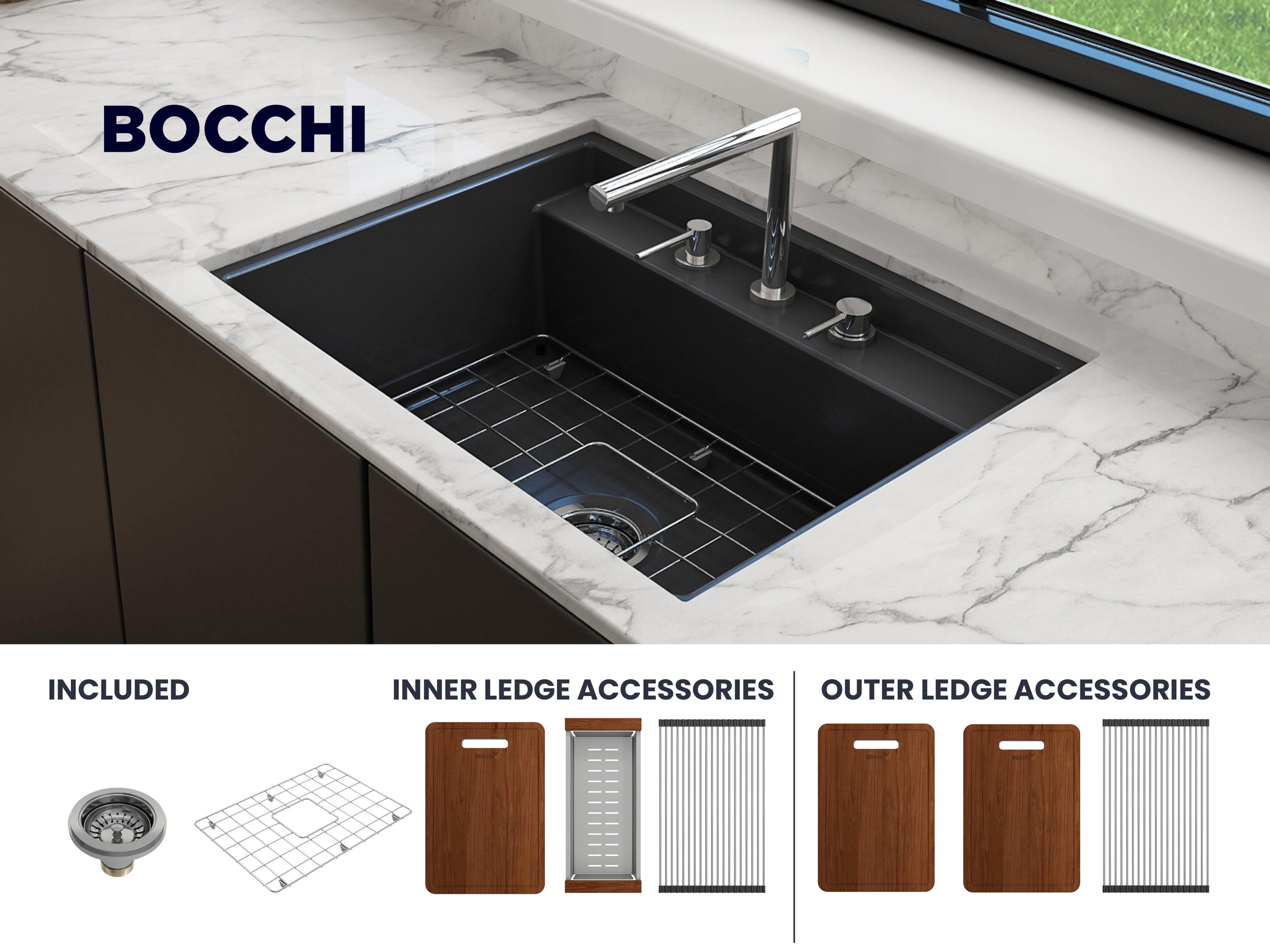 Baveno Hide-Away Workstation Fireclay 27 in. Single Bowl Kitchen Sink 3-hole with Accessories 1633