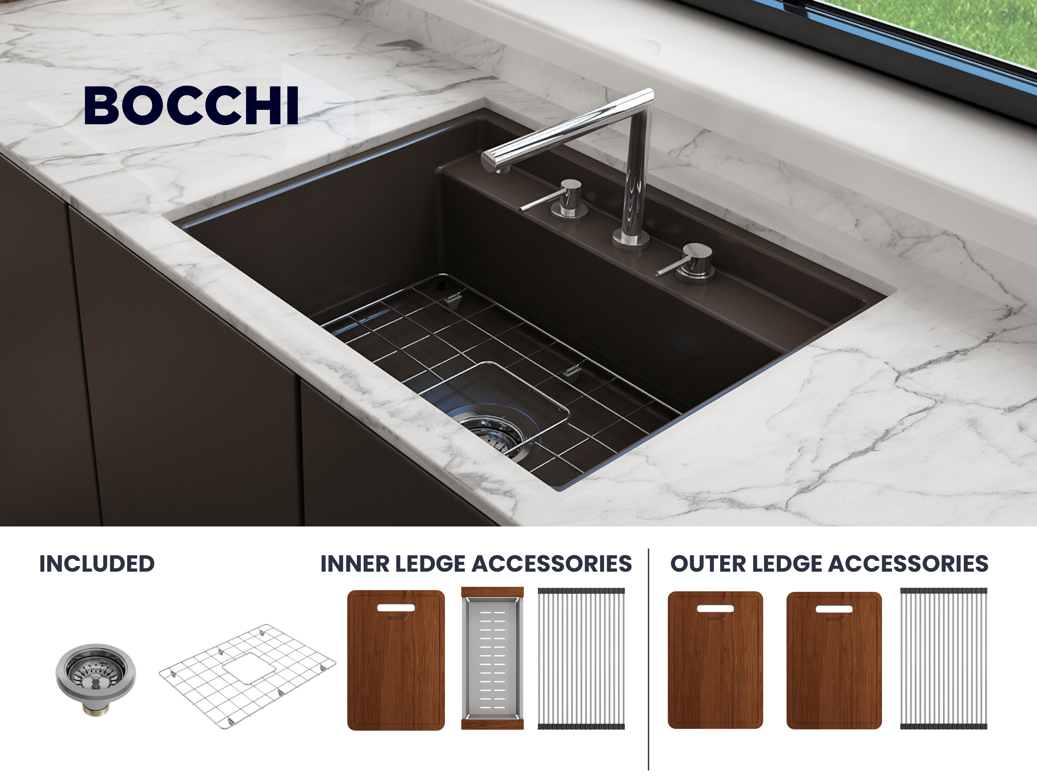 Baveno Hide-Away Workstation Fireclay 27 in. Single Bowl Kitchen Sink 3-hole with Accessories 1633