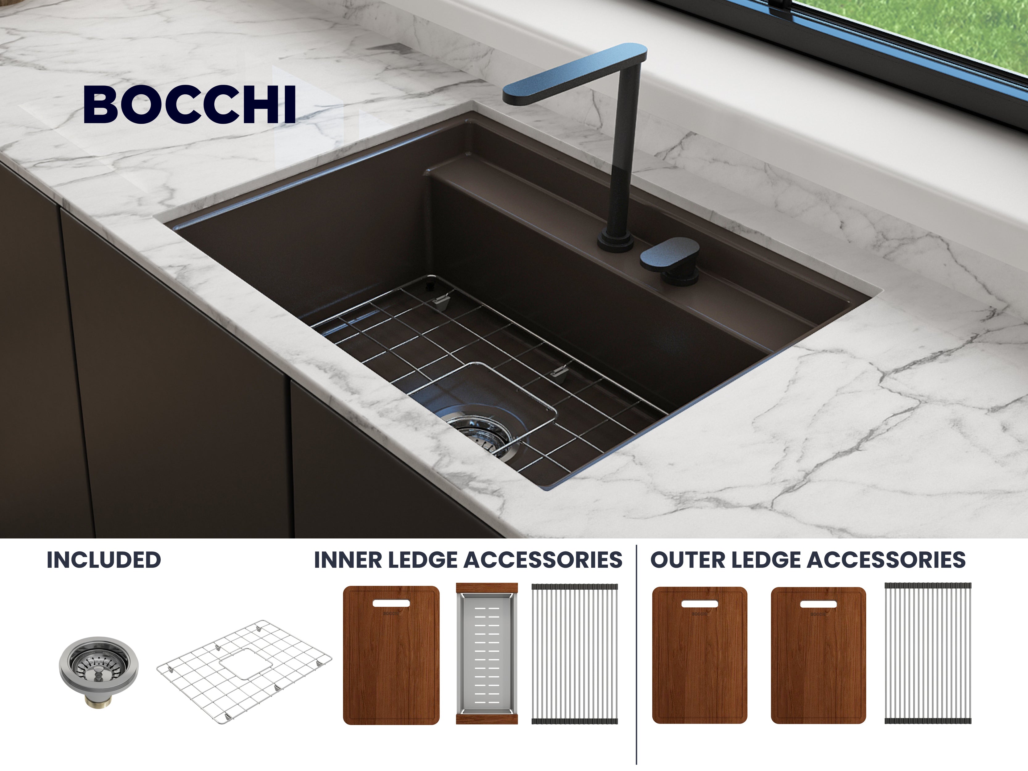 Baveno Hide-Away Workstation Fireclay 27 in. Single Bowl Kitchen Sink 3-hole with Accessories 1633