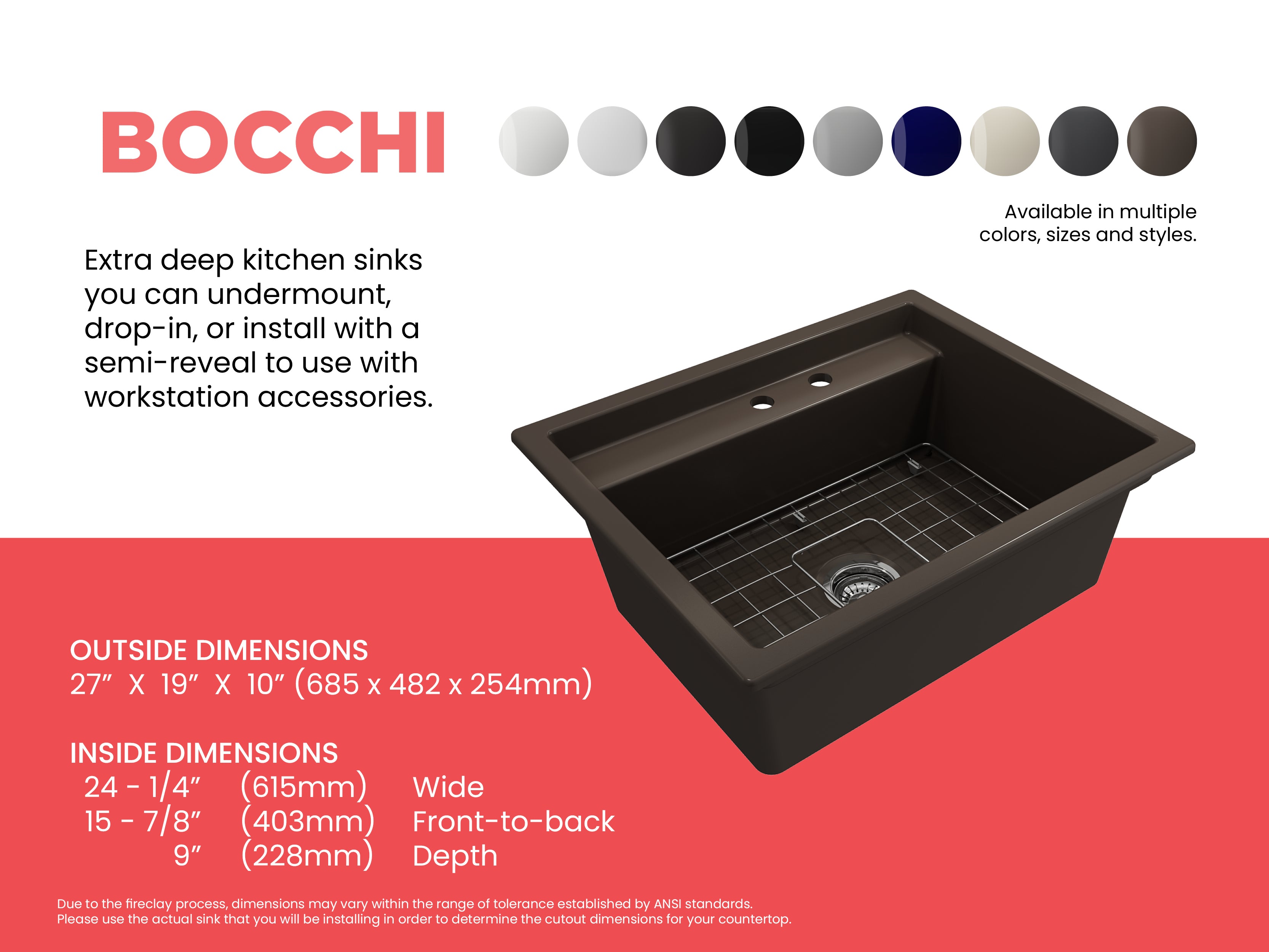 Baveno Hide-Away Workstation Fireclay 27 in. Single Bowl Kitchen Sink 3-hole with Accessories 1633