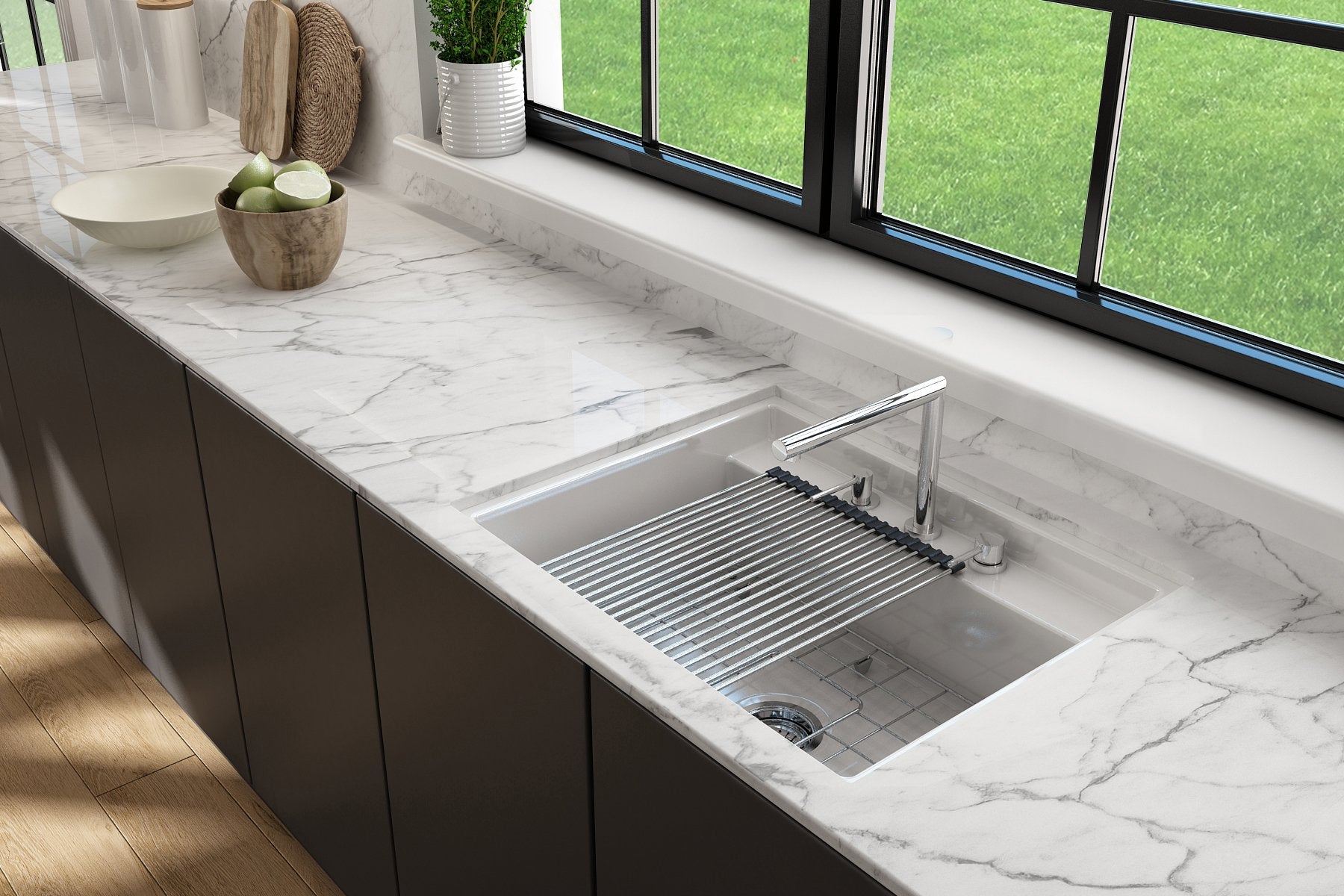Baveno Hide-Away Workstation Fireclay 27 in. Single Bowl Kitchen Sink 3-hole with Accessories 1633