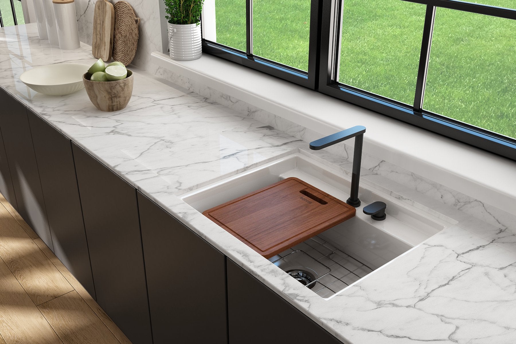 Baveno Hide-Away Workstation Fireclay 27 in. Single Bowl Kitchen Sink 3-hole with Accessories 1633