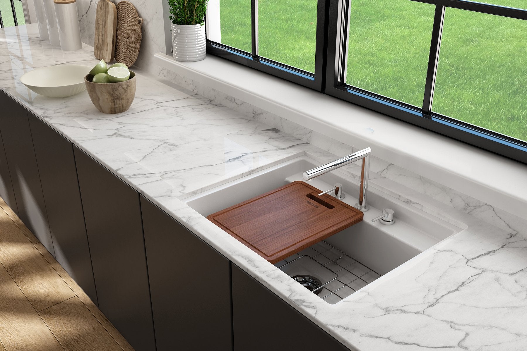 Baveno Hide-Away Workstation Fireclay 27 in. Single Bowl Kitchen Sink 3-hole with Accessories 1633
