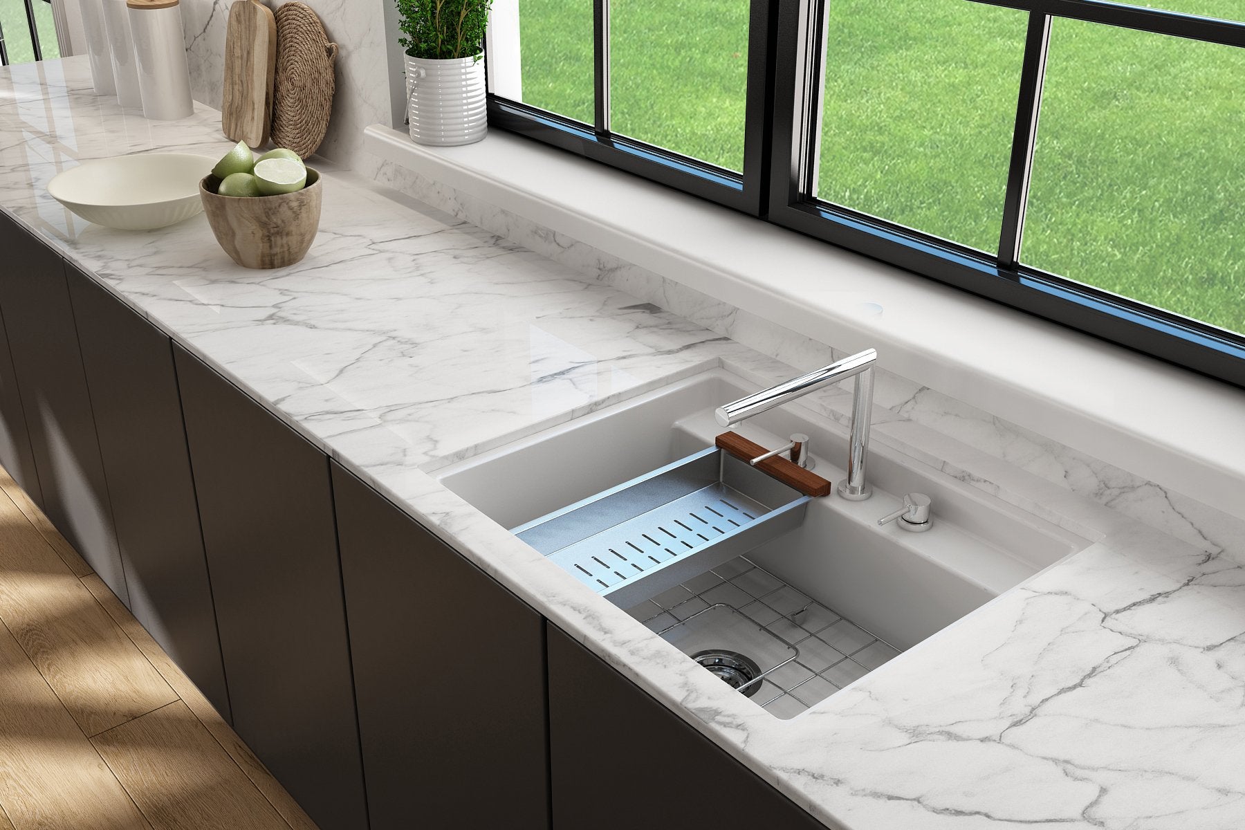 Baveno Hide-Away Workstation Fireclay 27 in. Single Bowl Kitchen Sink 3-hole with Accessories 1633