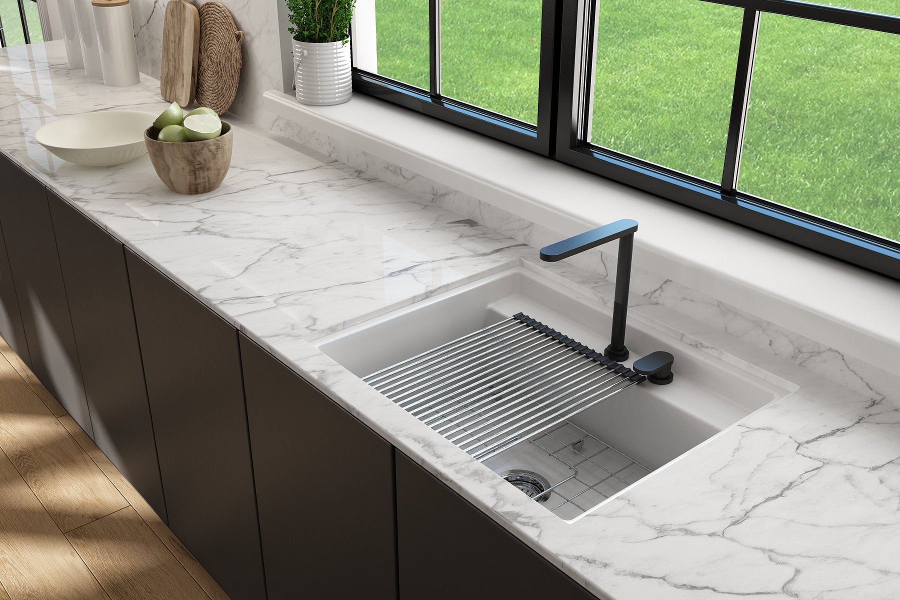 Baveno Hide-Away Workstation Fireclay 27 in. Single Bowl Kitchen Sink 3-hole with Accessories 1633