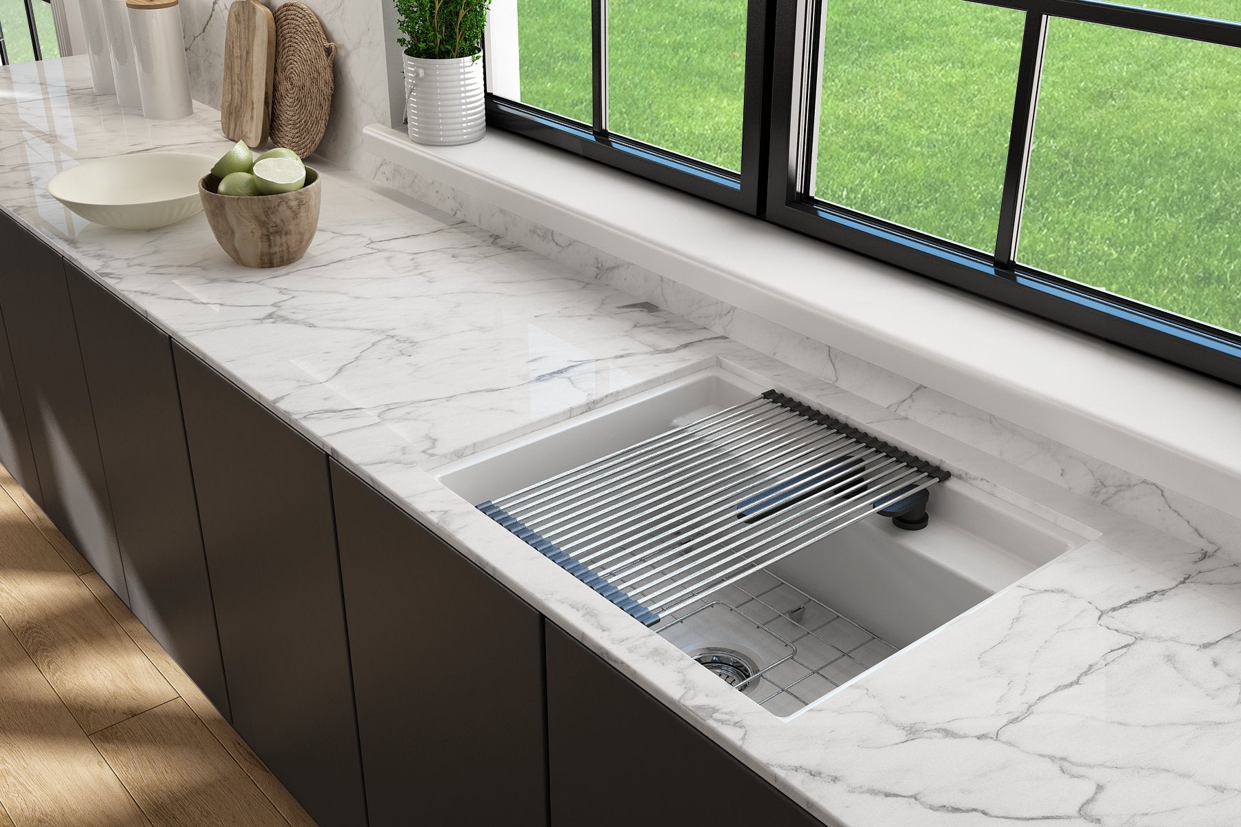 Baveno Hide-Away Workstation Fireclay 27 in. Single Bowl Kitchen Sink 3-hole with Accessories 1633