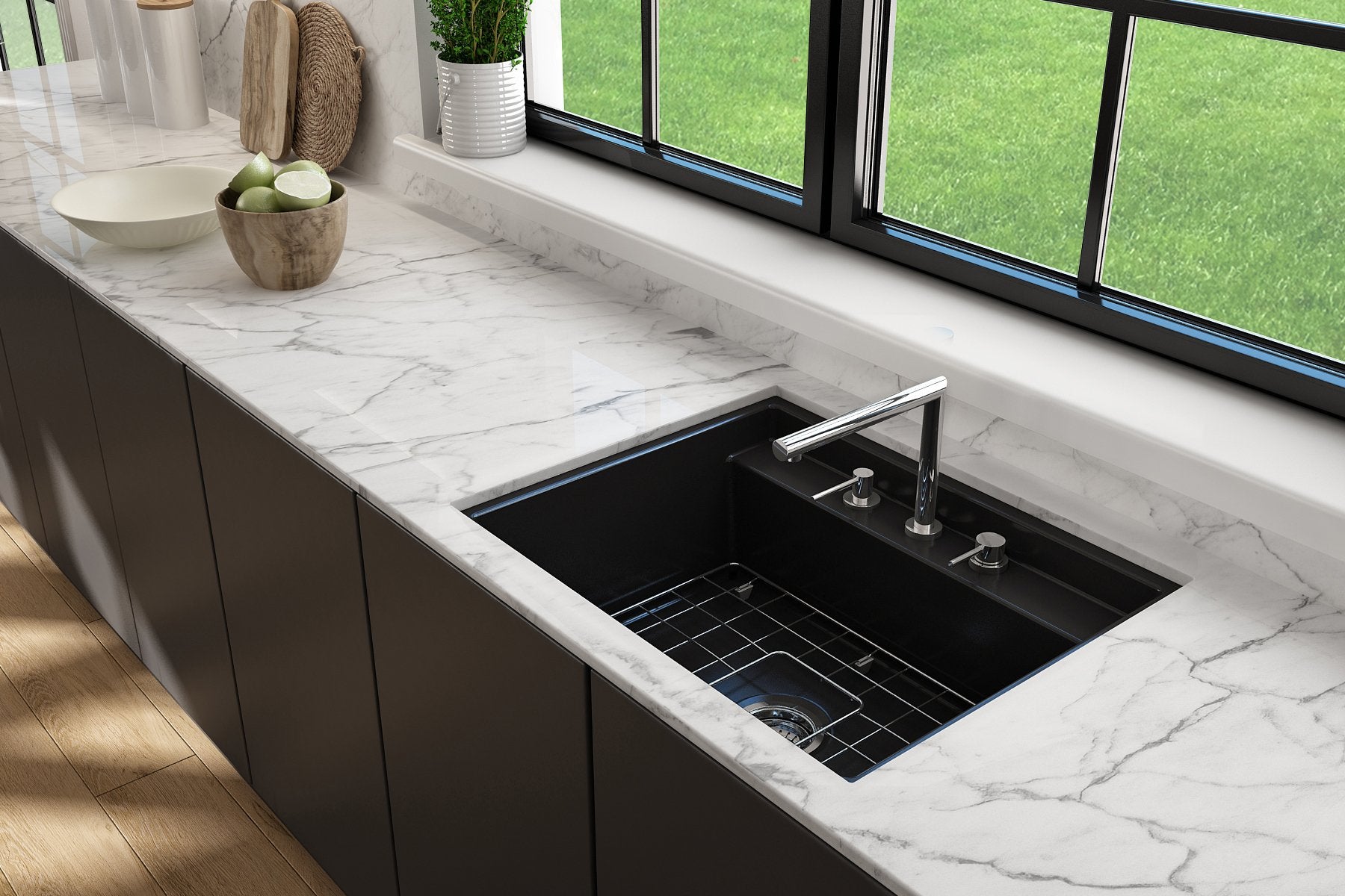 Baveno Hide-Away Workstation Fireclay 27 in. Single Bowl Kitchen Sink 3-hole with Accessories 1633
