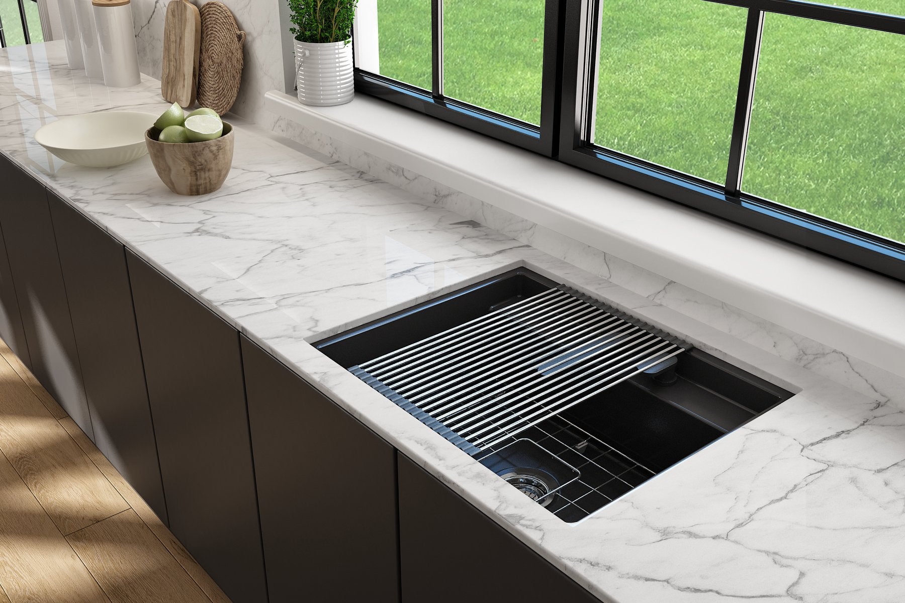 Baveno Hide-Away Workstation Fireclay 27 in. Single Bowl Kitchen Sink 3-hole with Accessories 1633