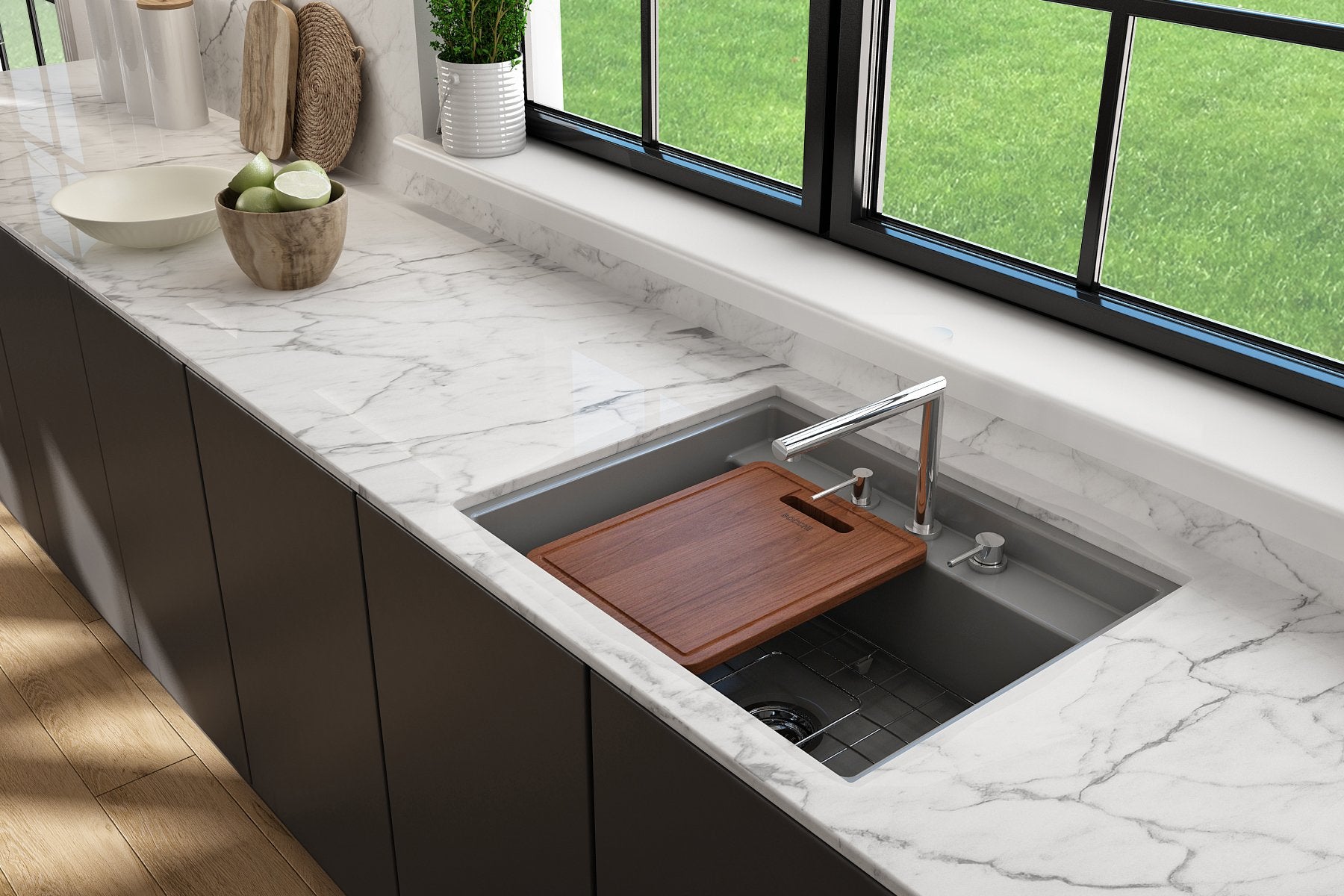 Baveno Hide-Away Workstation Fireclay 27 in. Single Bowl Kitchen Sink 3-hole with Accessories 1633