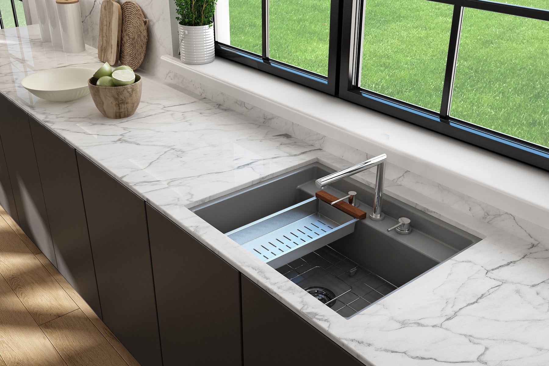 Baveno Hide-Away Workstation Fireclay 27 in. Single Bowl Kitchen Sink 3-hole with Accessories 1633