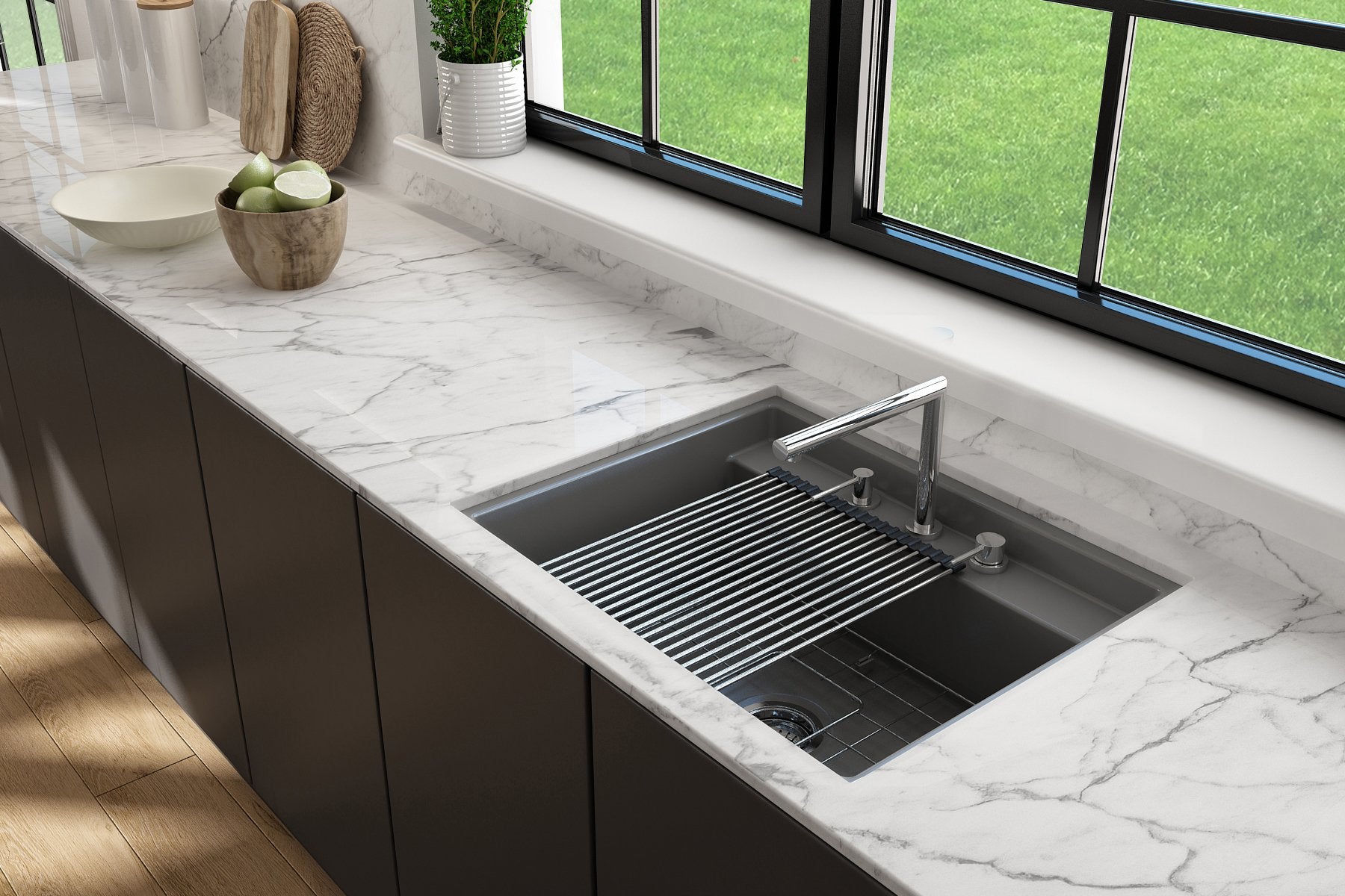Baveno Hide-Away Workstation Fireclay 27 in. Single Bowl Kitchen Sink 3-hole with Accessories 1633