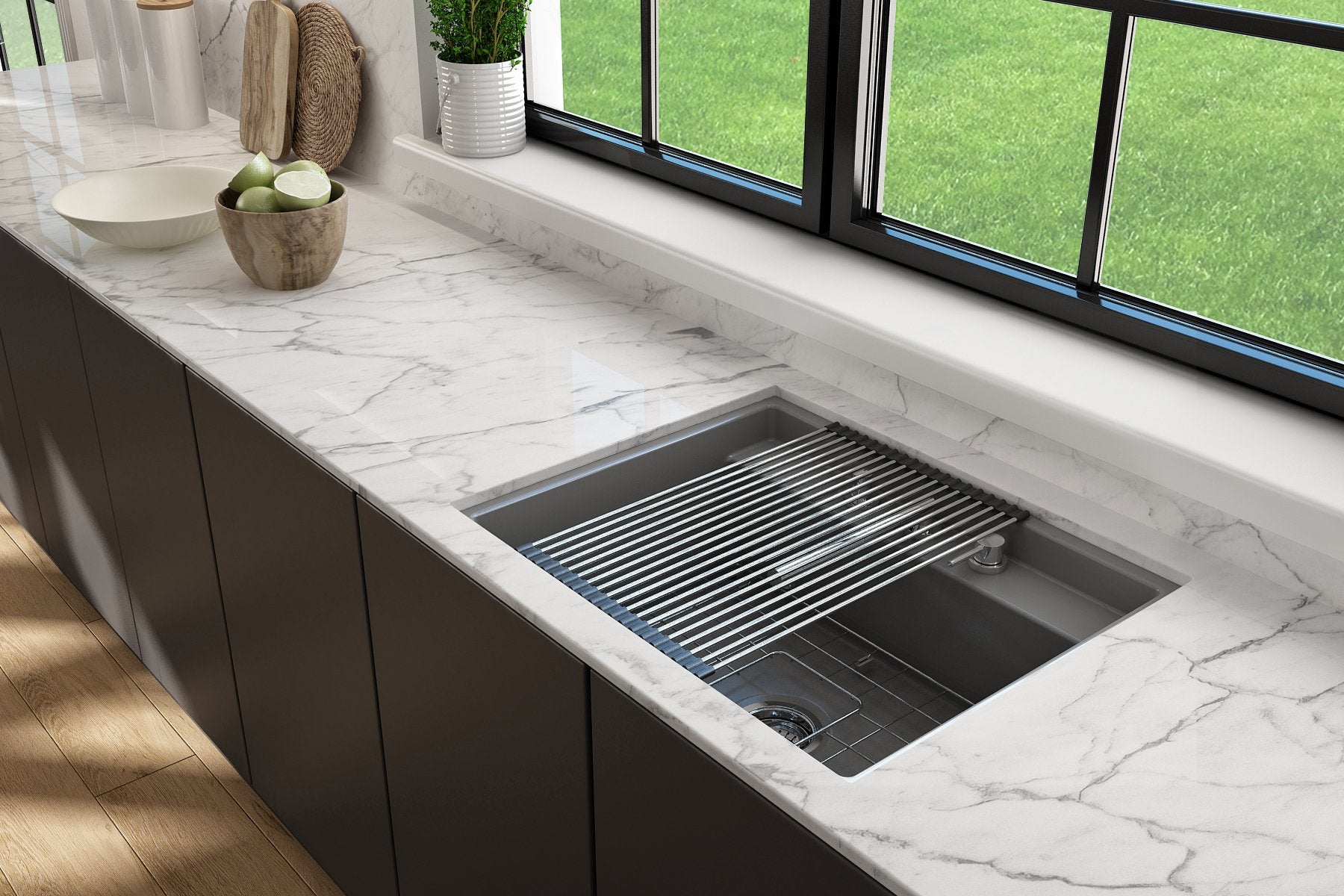 Baveno Hide-Away Workstation Fireclay 27 in. Single Bowl Kitchen Sink 3-hole with Accessories 1633