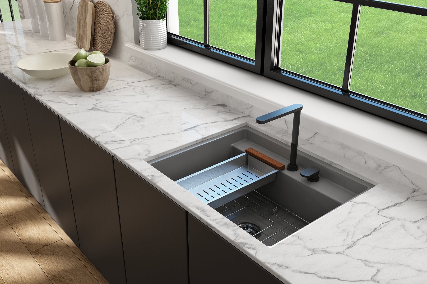 Baveno Hide-Away Workstation Fireclay 27 in. Single Bowl Kitchen Sink 3-hole with Accessories 1633
