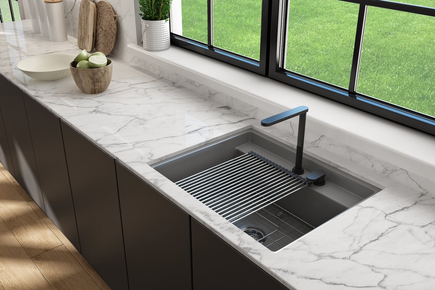 Baveno Hide-Away Workstation Fireclay 27 in. Single Bowl Kitchen Sink 3-hole with Accessories 1633