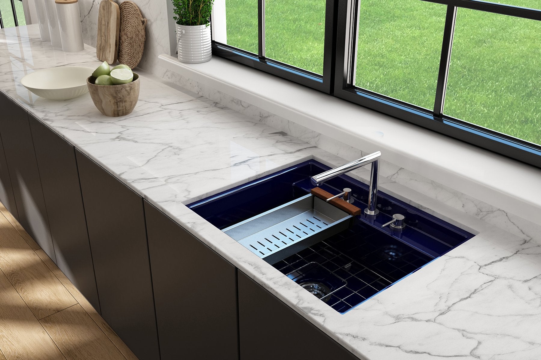 Baveno Hide-Away Workstation Fireclay 27 in. Single Bowl Kitchen Sink 3-hole with Accessories 1633