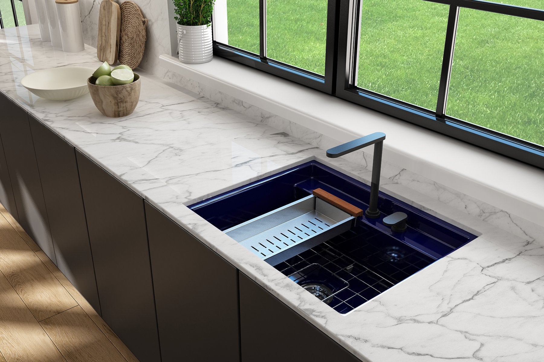 Baveno Hide-Away Workstation Fireclay 27 in. Single Bowl Kitchen Sink 3-hole with Accessories 1633