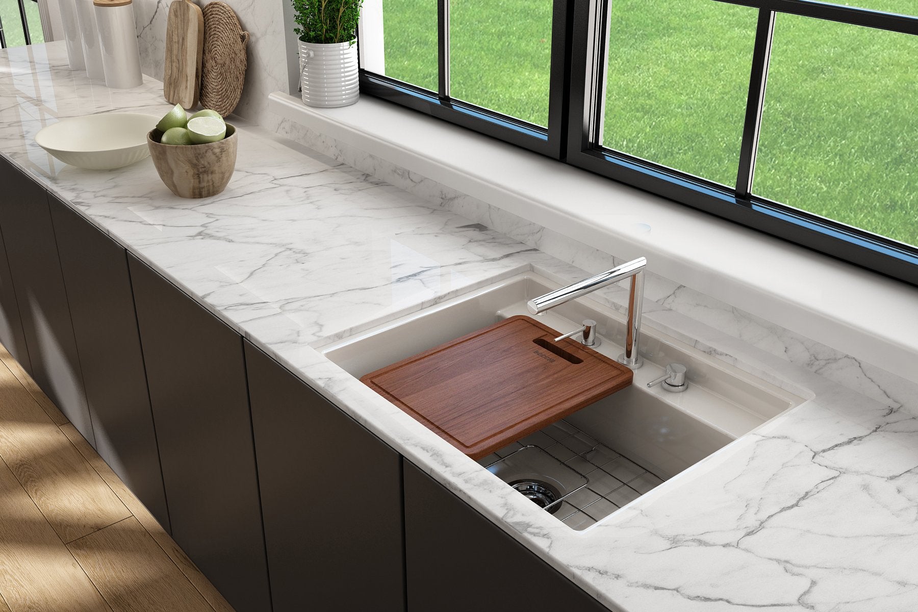Baveno Hide-Away Workstation Fireclay 27 in. Single Bowl Kitchen Sink 3-hole with Accessories 1633