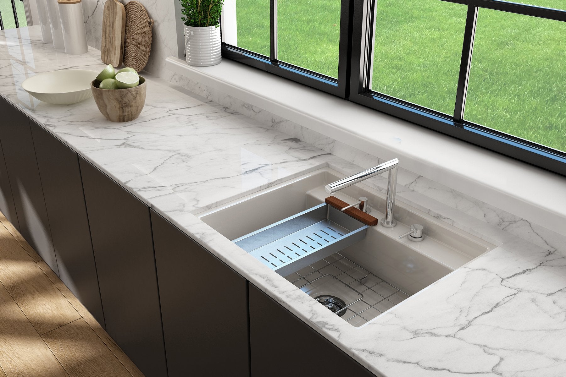 Baveno Hide-Away Workstation Fireclay 27 in. Single Bowl Kitchen Sink 3-hole with Accessories 1633