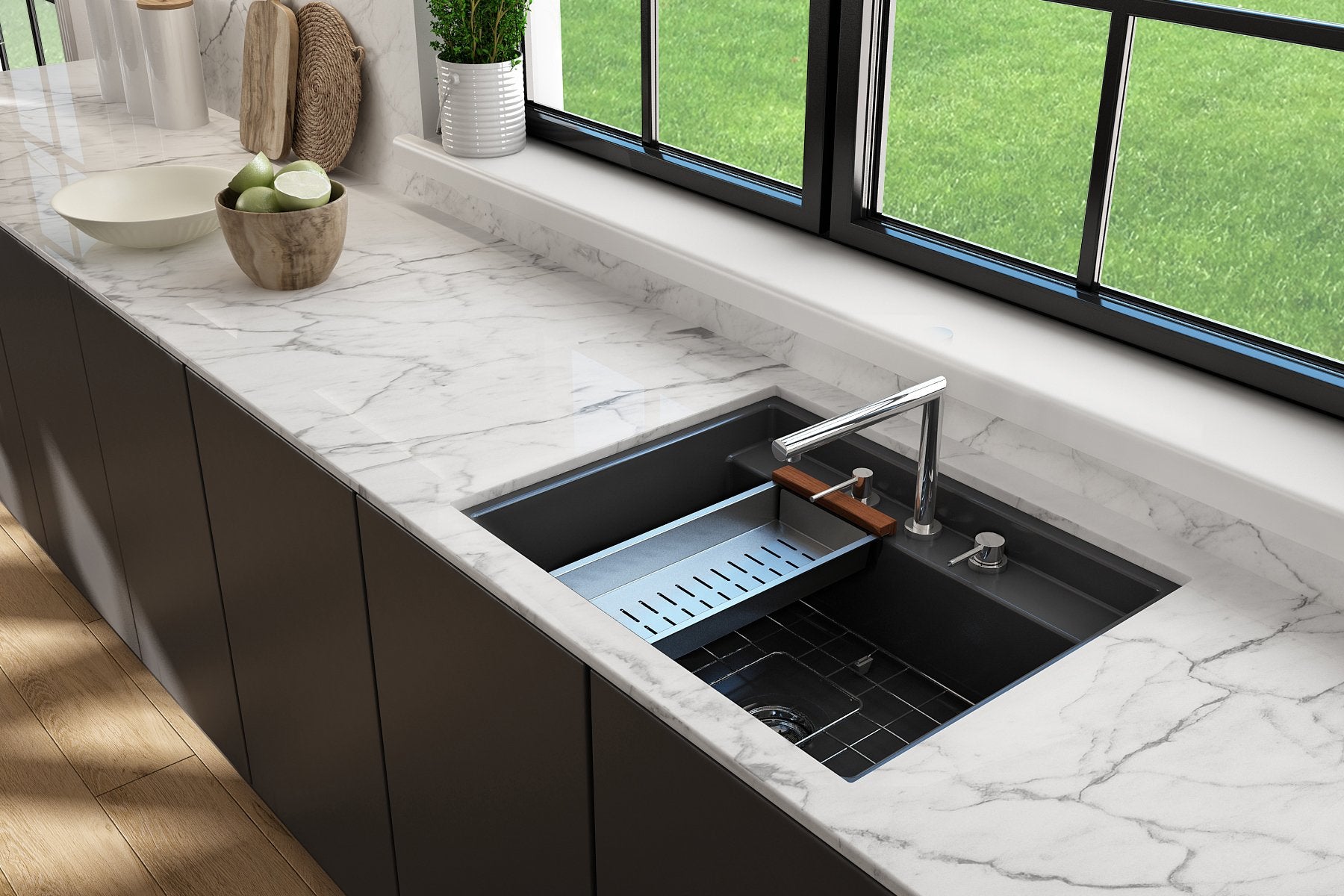 Baveno Hide-Away Workstation Fireclay 27 in. Single Bowl Kitchen Sink 3-hole with Accessories 1633